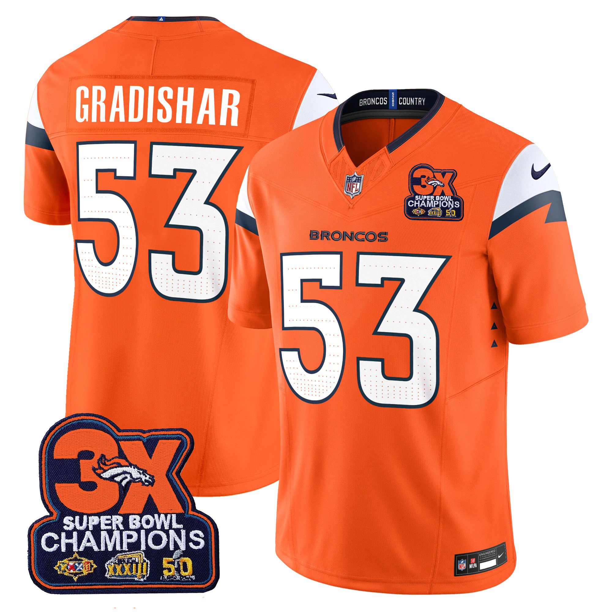 Men's Randy Gradishar Denver Broncos 3-Time Champions Patch Vapor Limited Orange Jersey - All Stitched