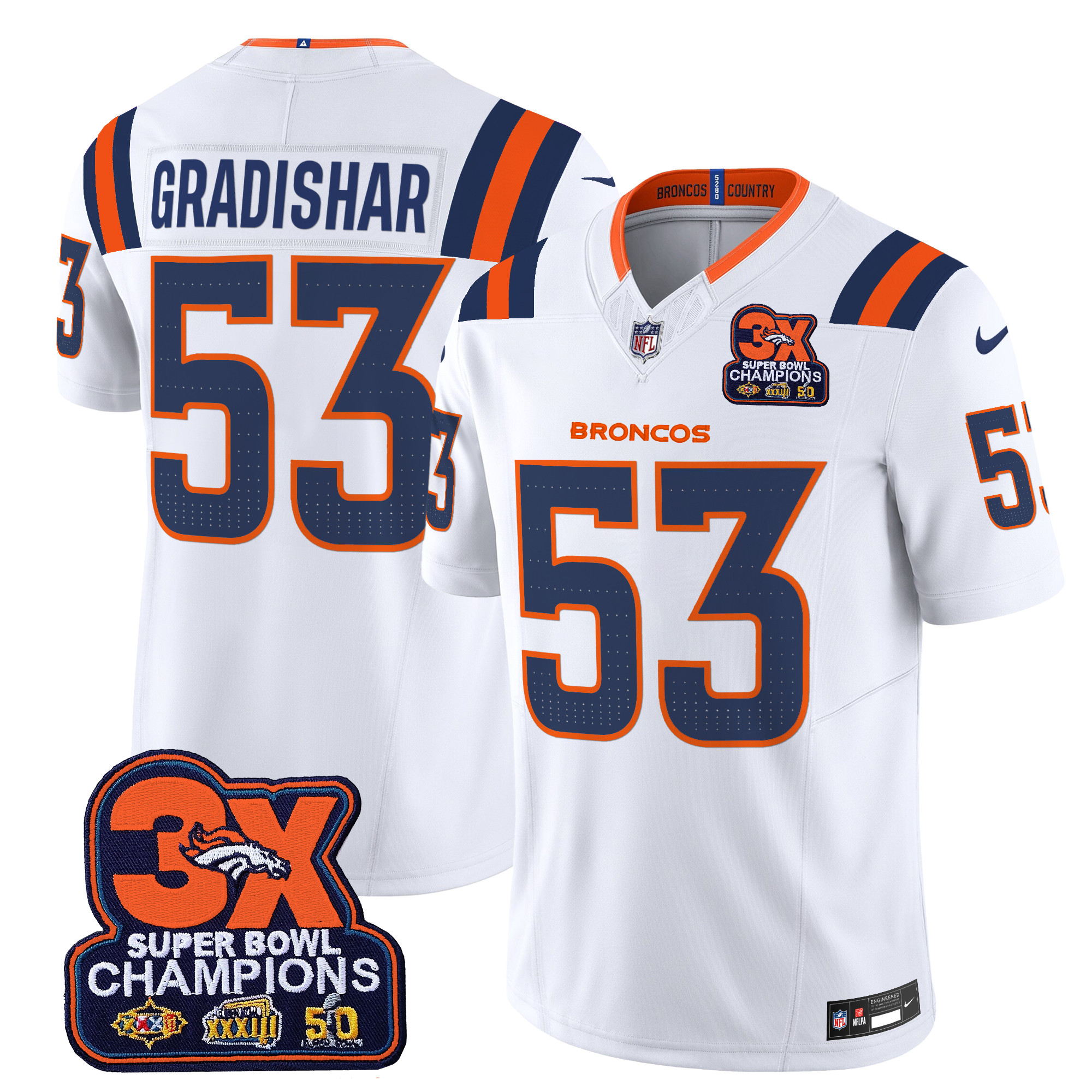 Men's Randy Gradishar Denver Broncos 3-Time Champions Patch Vapor Limited White Jersey - All Stitched