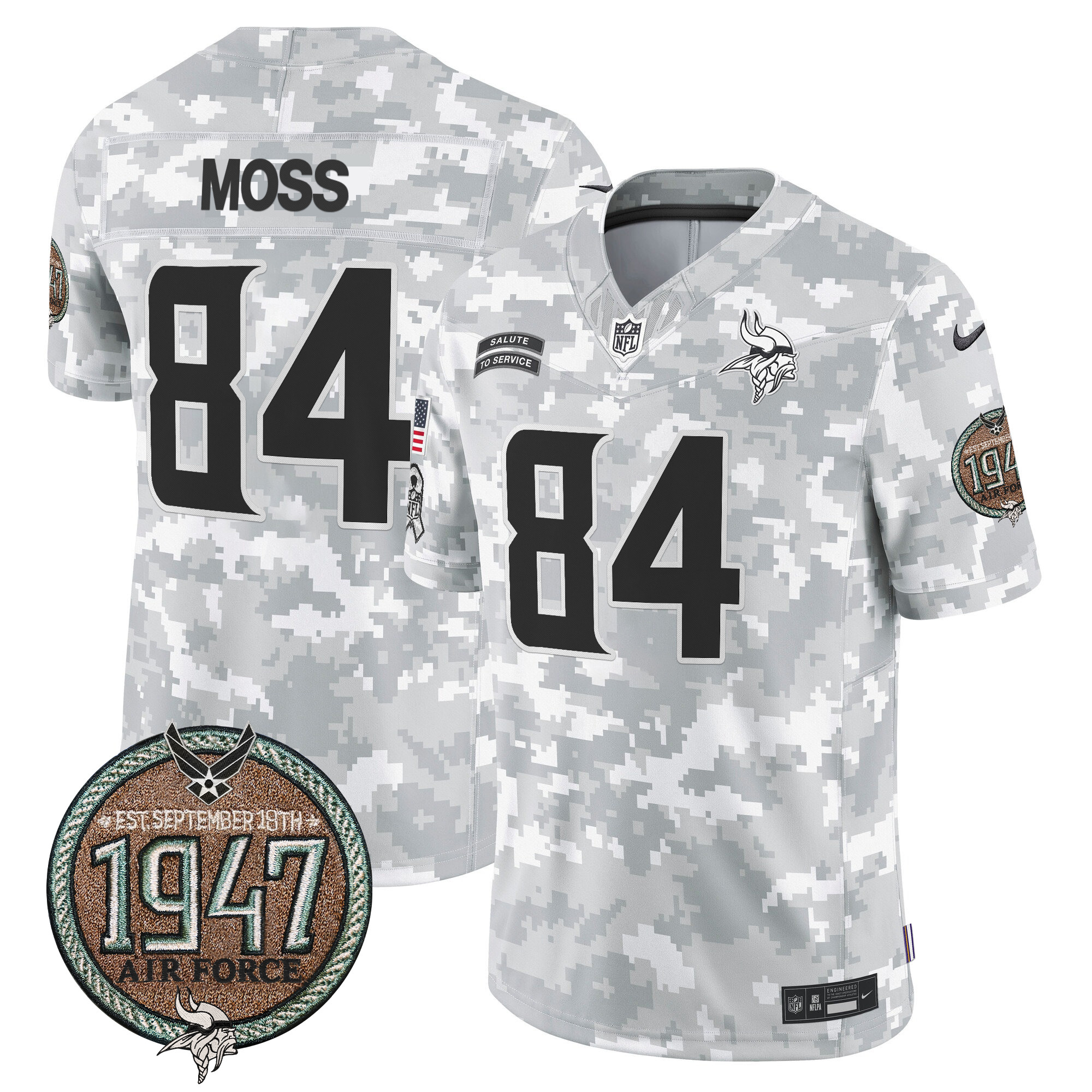 Men's Randy Moss Minnesota Vikings 2024 Salute to Service Establishment Year Patch Vapor Limited Air Force Jersey - All Stitched