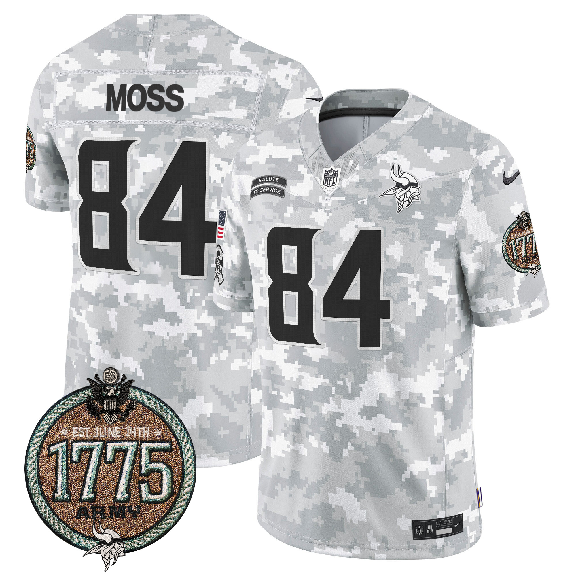 Men's Randy Moss Minnesota Vikings 2024 Salute to Service Establishment Year Patch Vapor Limited Army Jersey - All Stitched