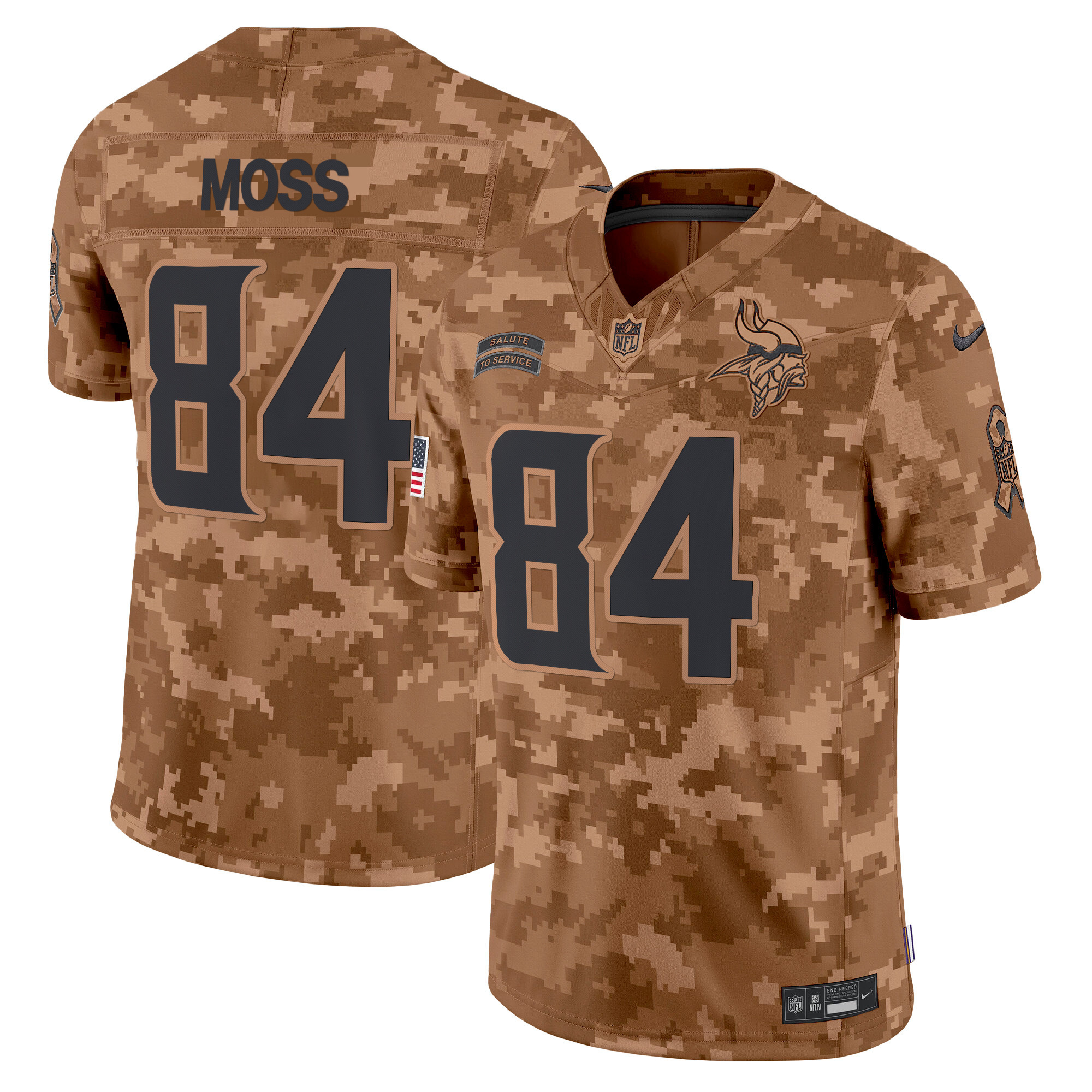 Men's Randy Moss Minnesota Vikings 2024 Salute to Service Vapor Limited Brown Camo Jersey - All Stitched