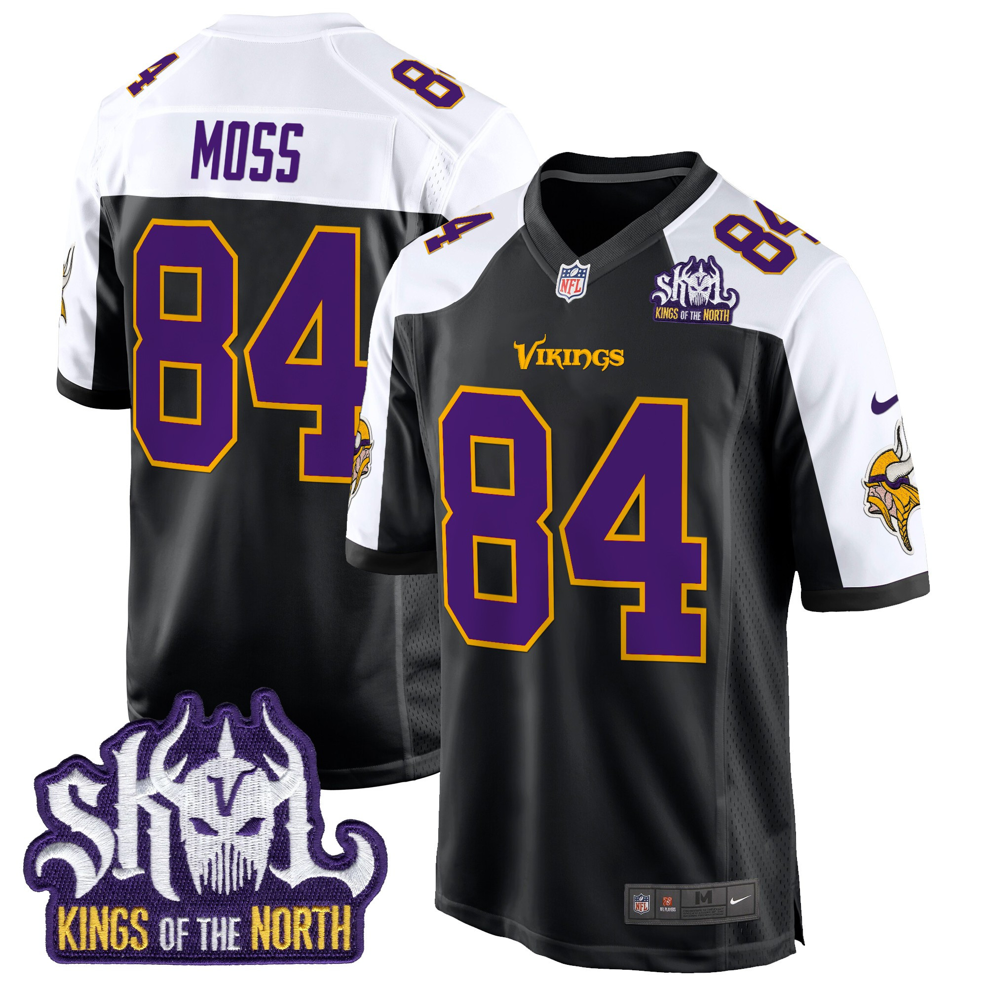 Men's Randy Moss Minnesota Vikings King Of The North Patch Throwback Game Black Alternate Jersey - All Stitched