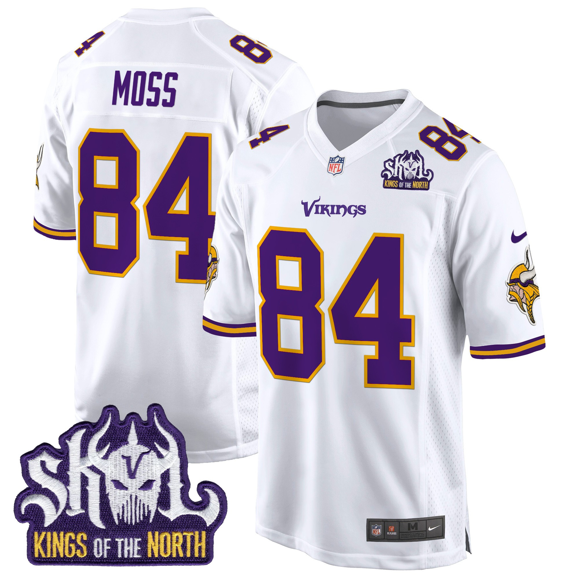 Men's Randy Moss Minnesota Vikings King Of The North Patch Throwback Game White Jersey - All Stitched