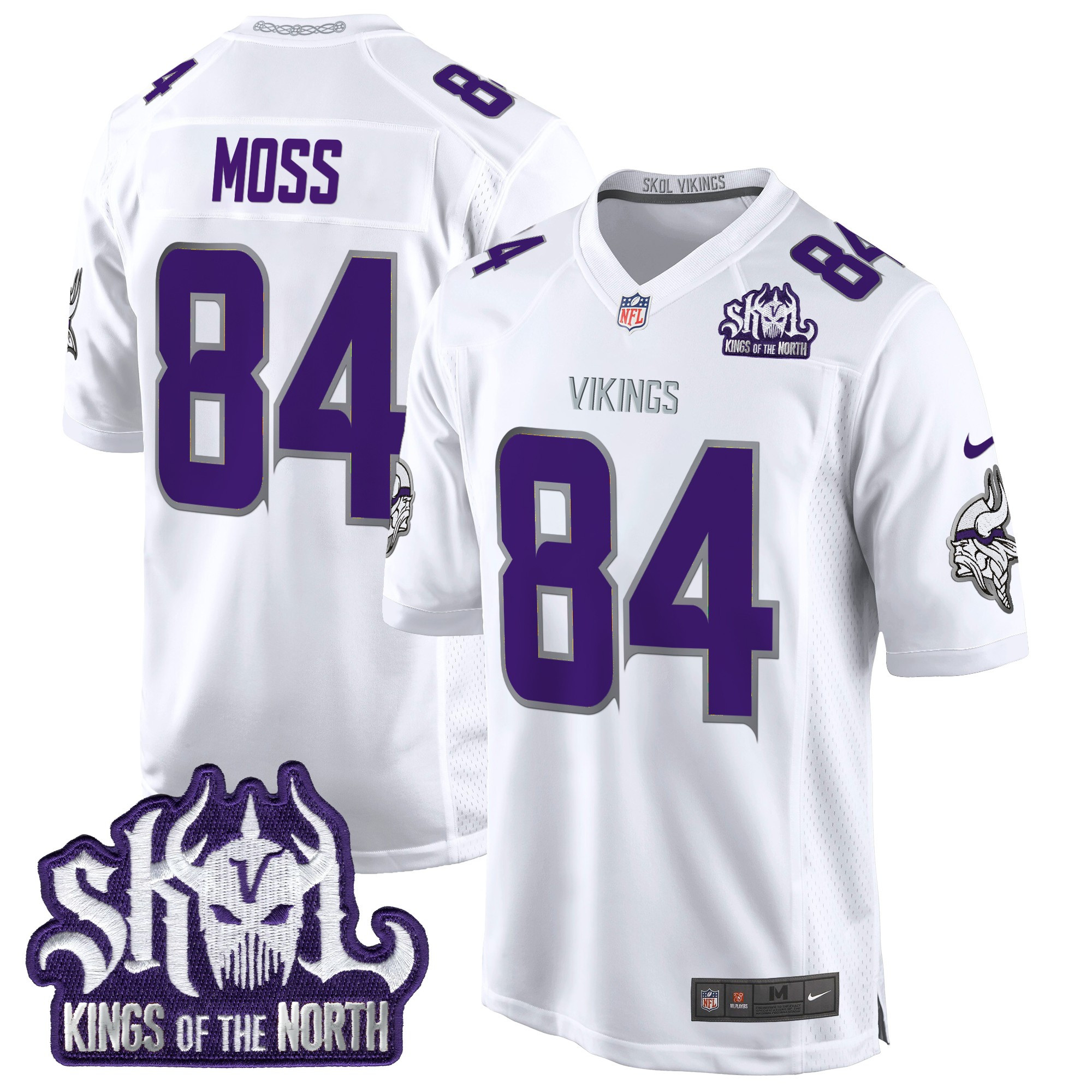Men's Randy Moss Minnesota Vikings King Of The North Patch Throwback Game Winter Warrior Jersey - All Stitched