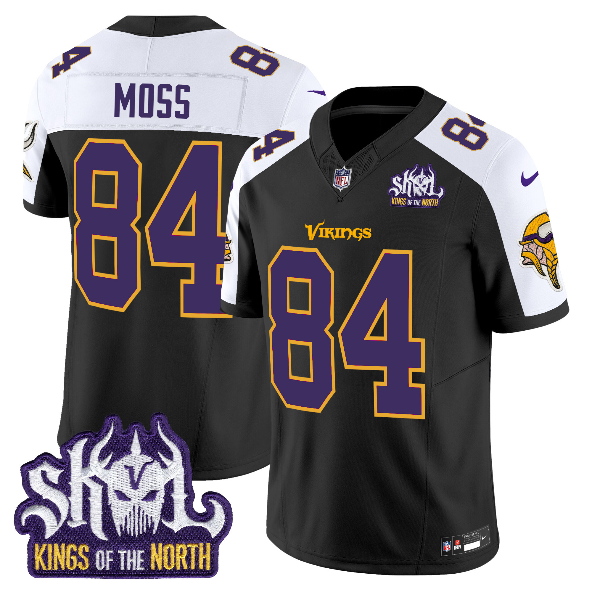 Men's Randy Moss Minnesota Vikings King Of The North Patch Throwback Vapor Limited Black Alternate Jersey - All Stitched