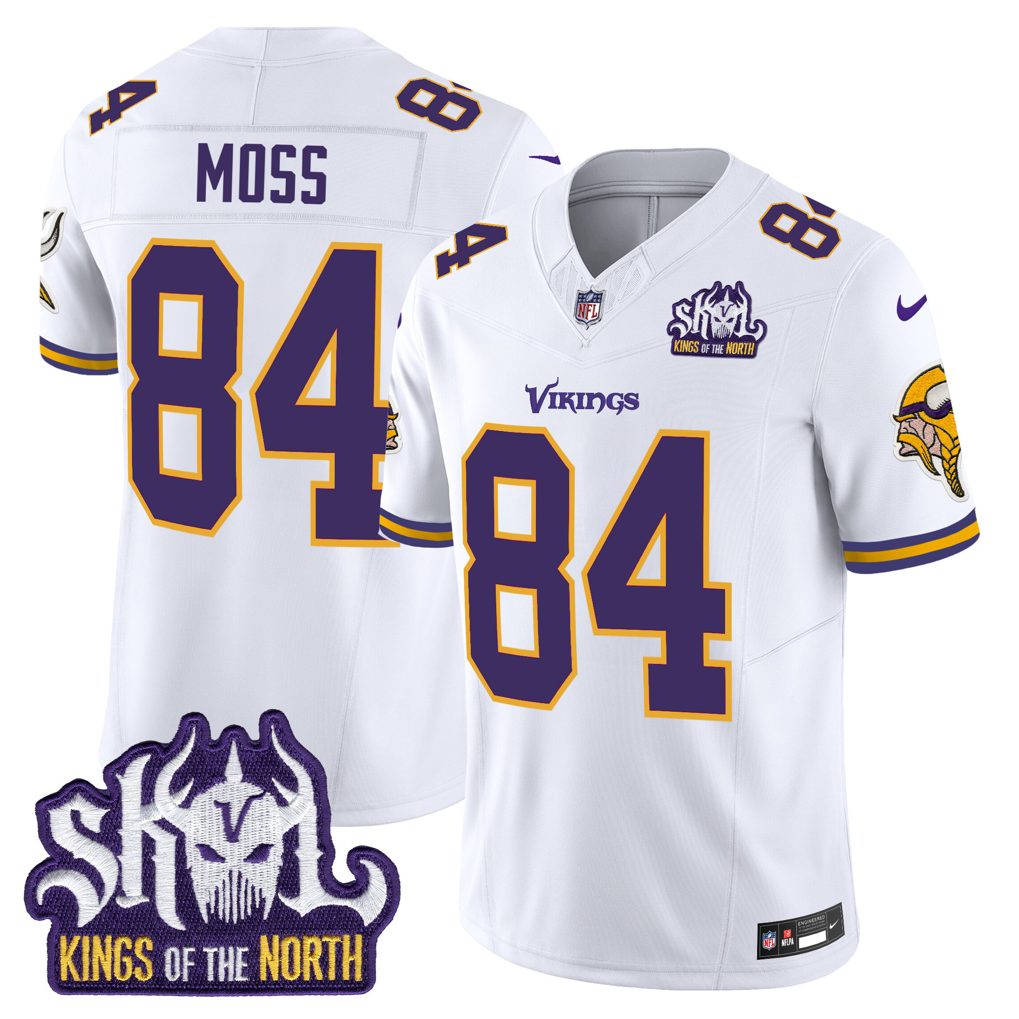 Men's Randy Moss Minnesota Vikings King Of The North Patch Throwback Vapor Limited White Jersey - All Stitched