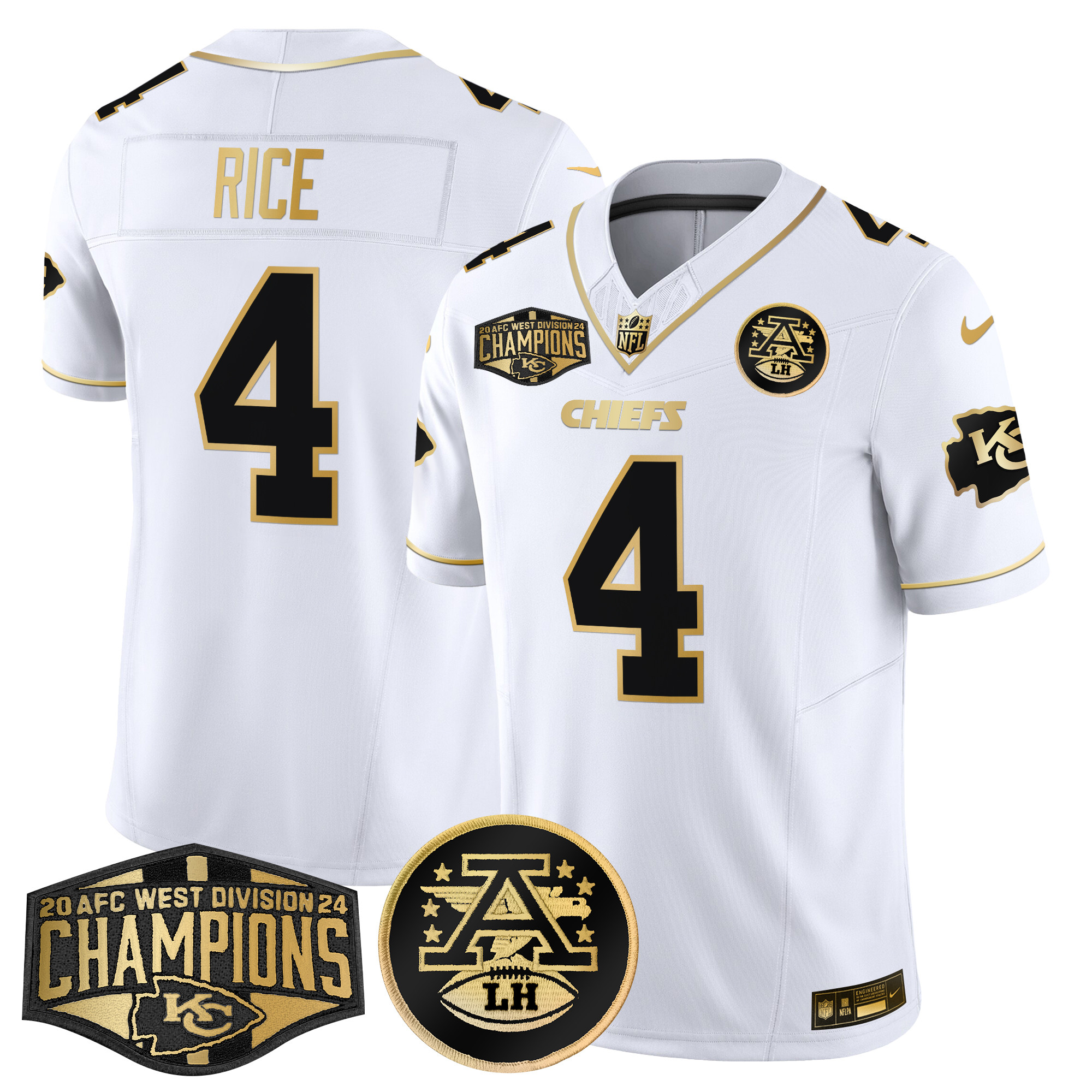 Men's Rashee Rice Kansas City Chiefs 2024 AFC West Division Champions Patch Gold Vapor Limited White Gold Jersey - All Stitched