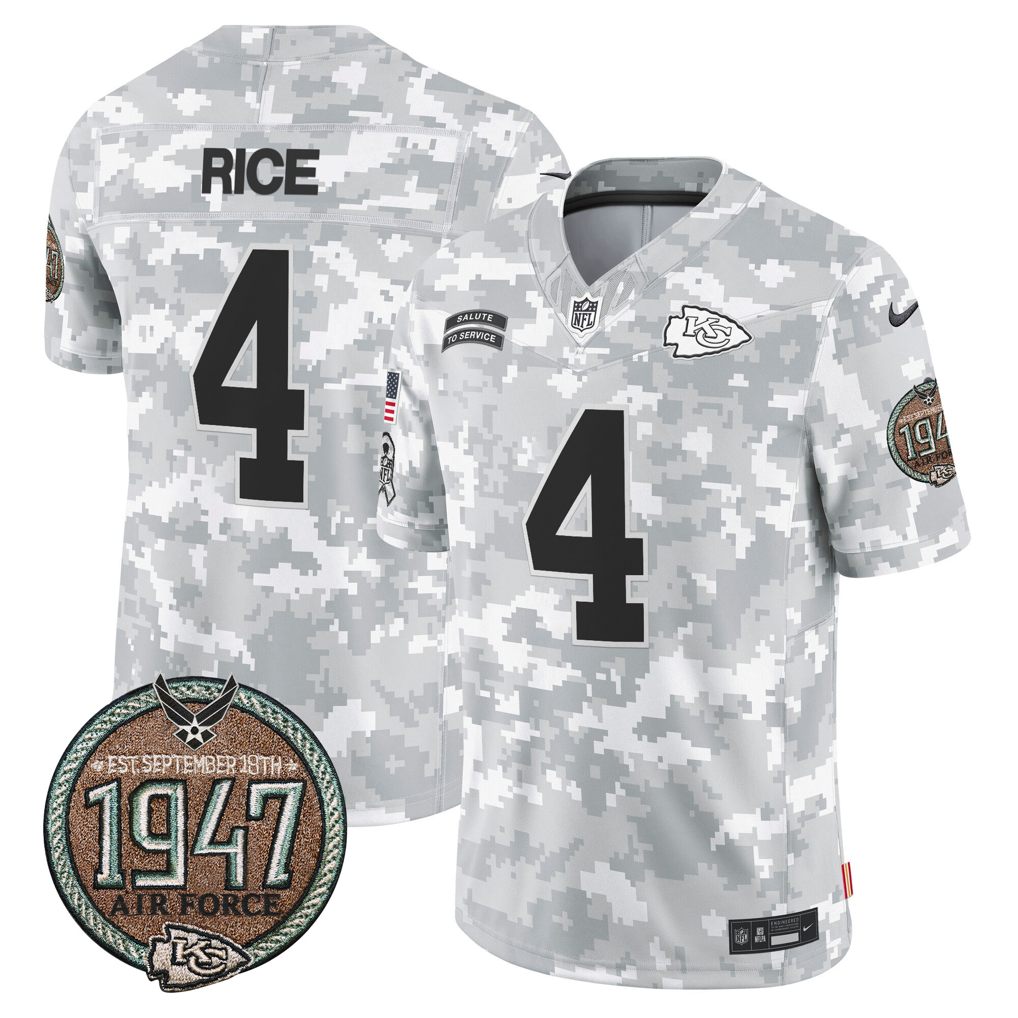 Men's Rashee Rice Kansas City Chiefs 2024 Salute to Service Establishment Year Patch Vapor Limited Air Force Jersey - All Stitched