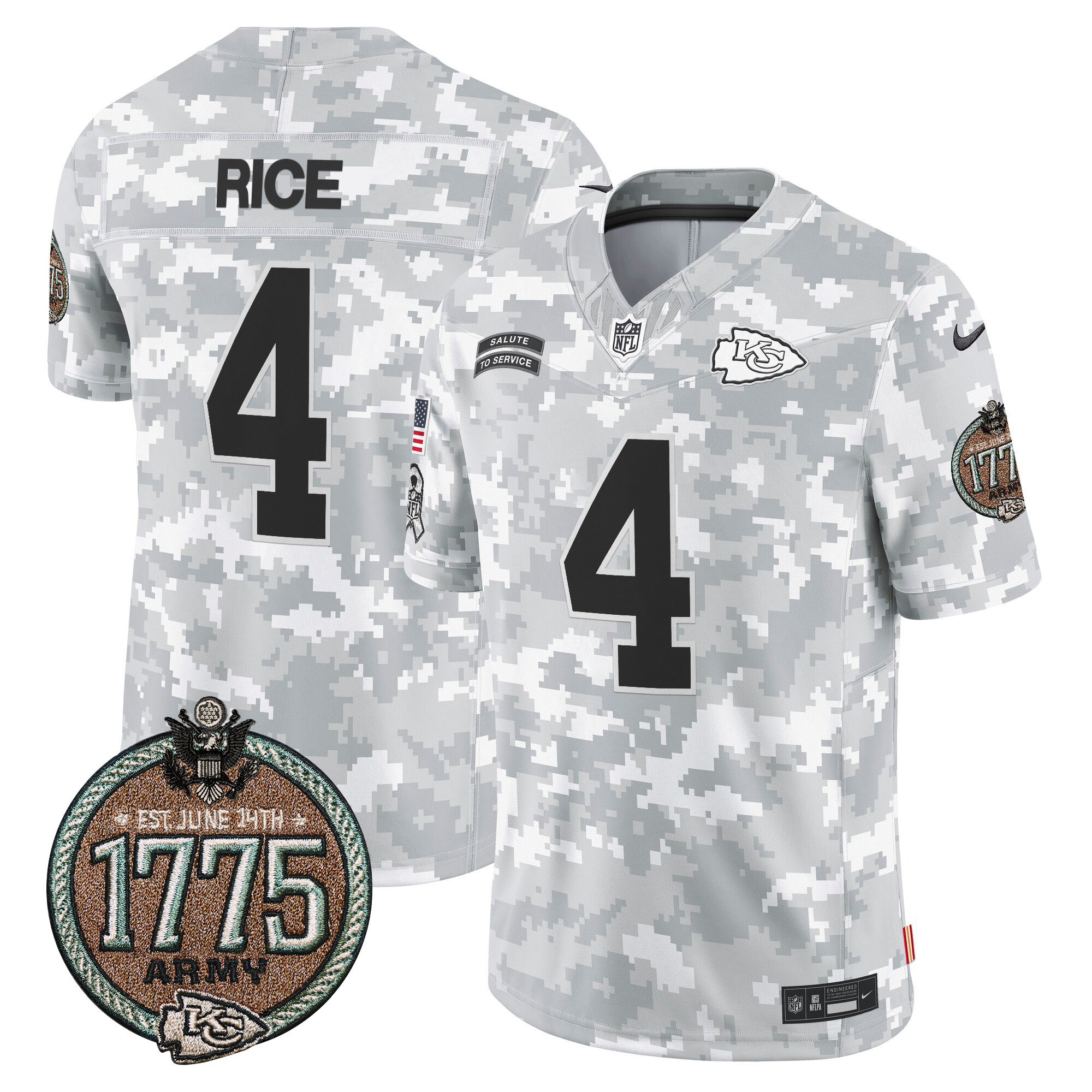 Men's Rashee Rice Kansas City Chiefs 2024 Salute to Service Establishment Year Patch Vapor Limited Army Jersey - All Stitched