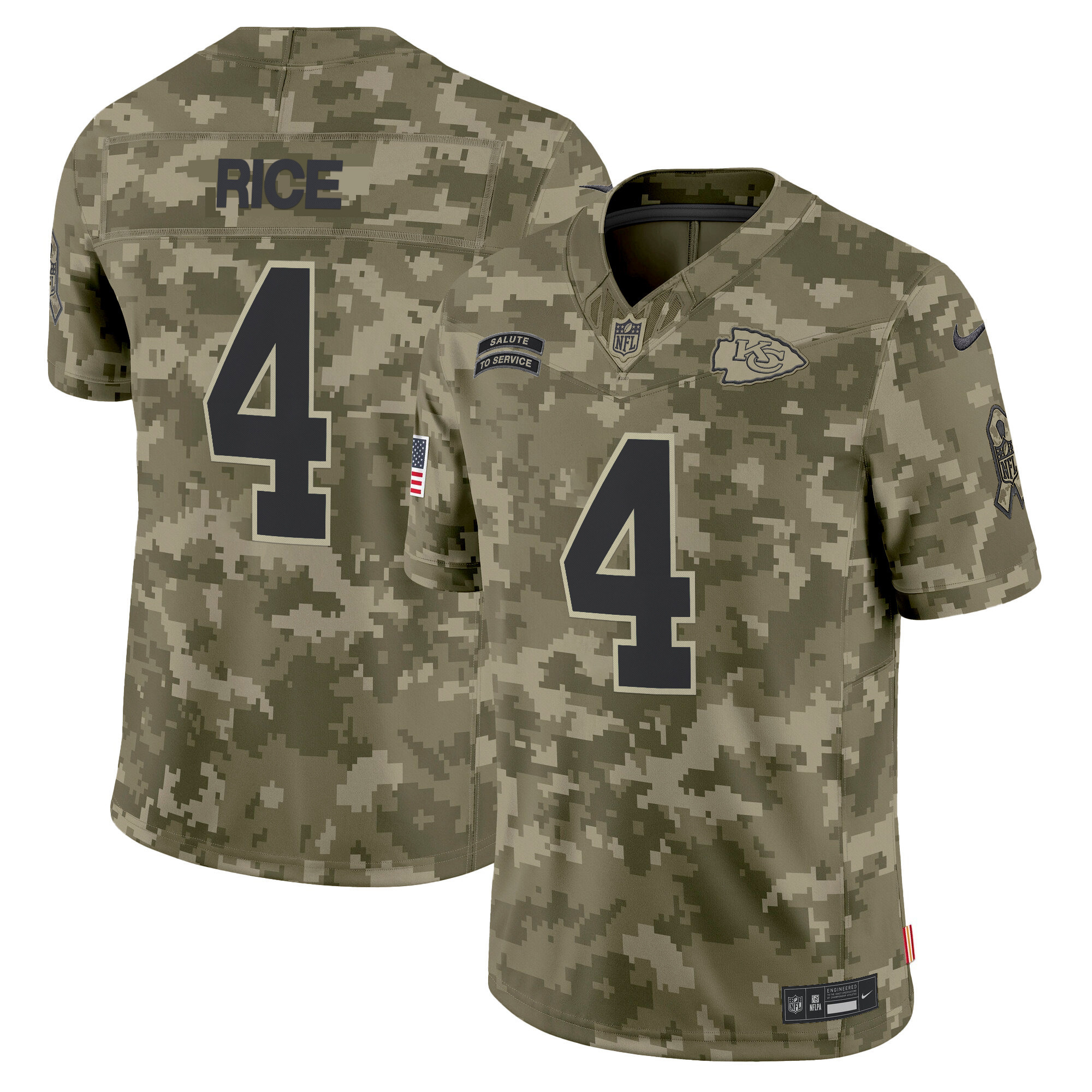 Men's Rashee Rice Kansas City Chiefs 2024 Salute to Service Vapor Limited Olive Camo Jersey - All stitched