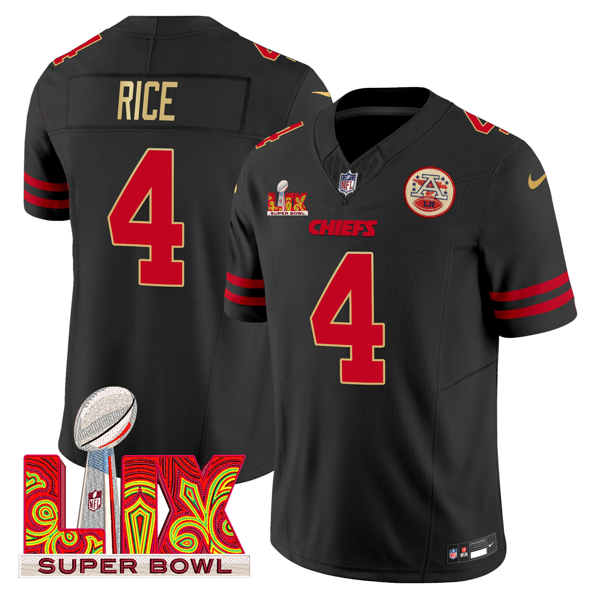 Men's Rashee Rice Kansas City Chiefs Super Bowl LIX Patch Gold Trim Vapor Limited Black Jersey - All Stitched