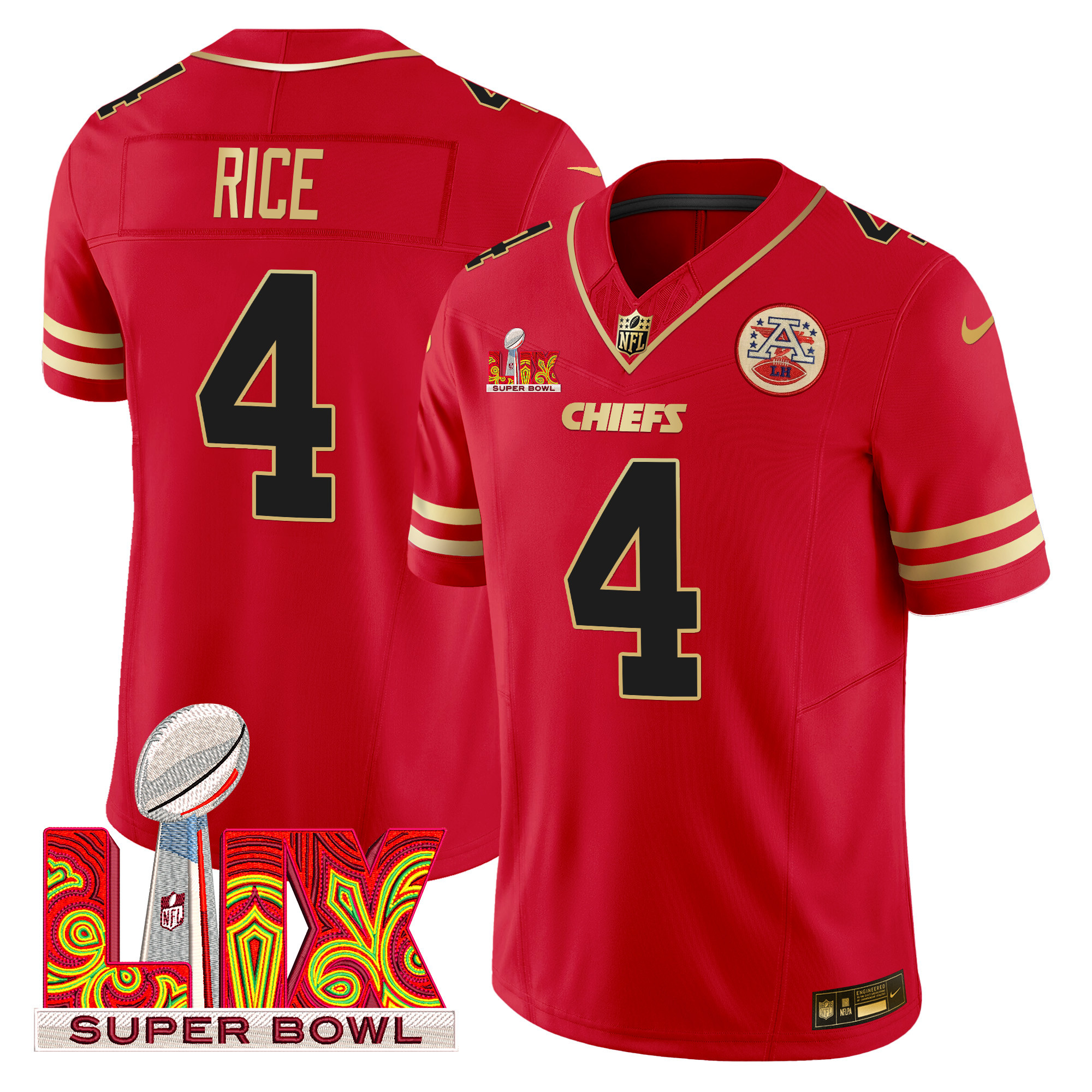 Men's Rashee Rice Kansas City Chiefs Super Bowl LIX Patch Gold Trim Vapor Limited Red Jersey - All Stitched