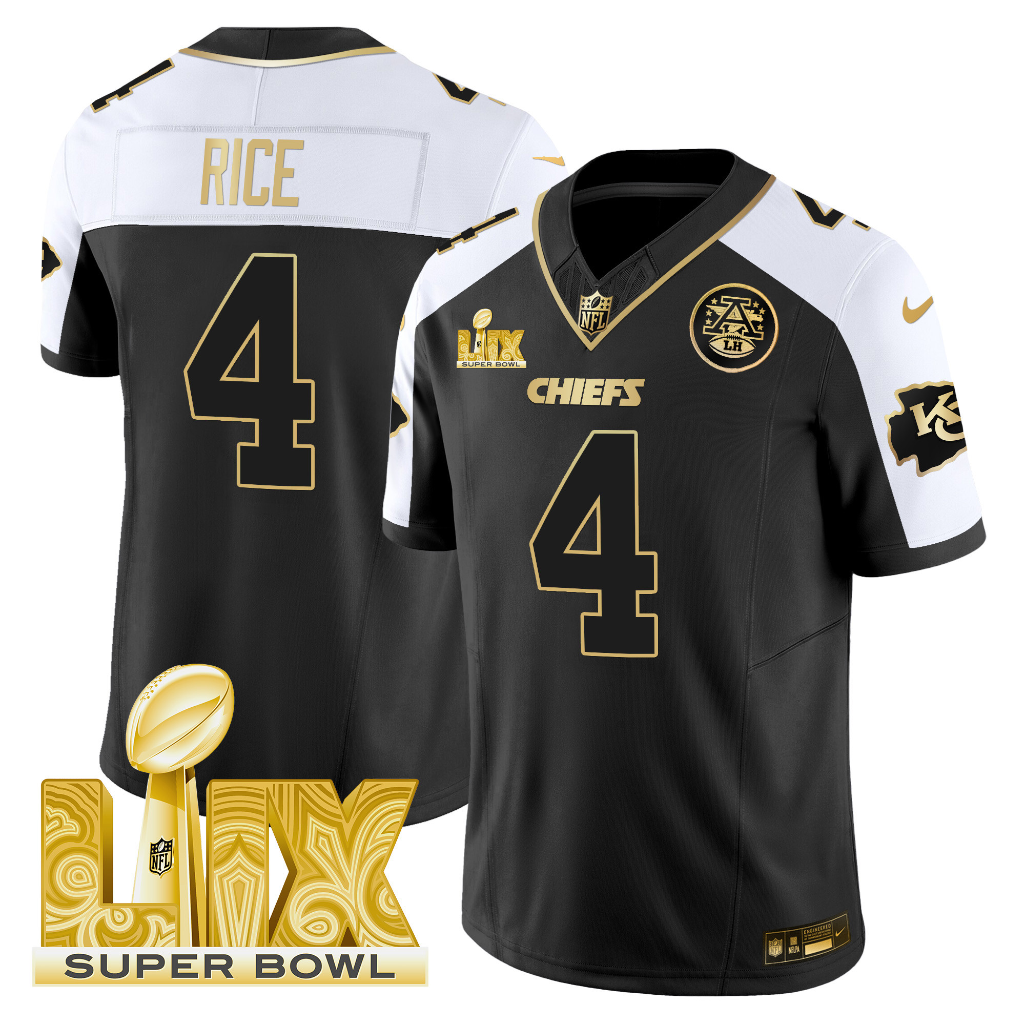 Men's Rashee Rice Kansas City Chiefs Super Bowl LIX Patch Gold Vapor Limited Alternate Jersey - All Stitched
