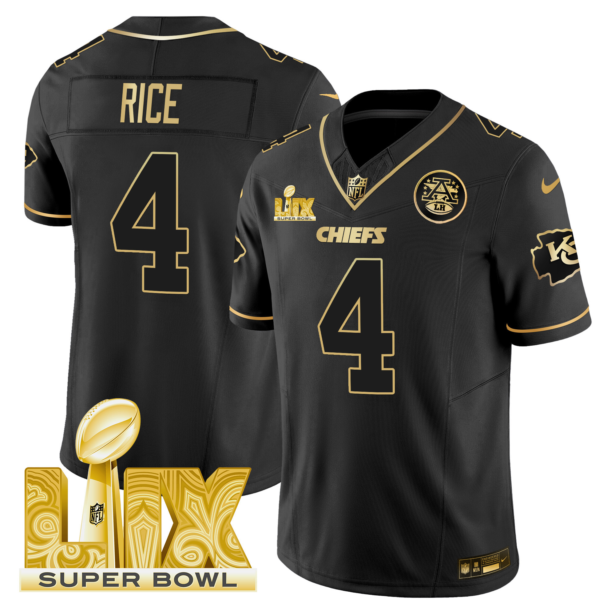 Men's Rashee Rice Kansas City Chiefs Super Bowl LIX Patch Gold Vapor Limited Black Gold Jersey - All Stitched