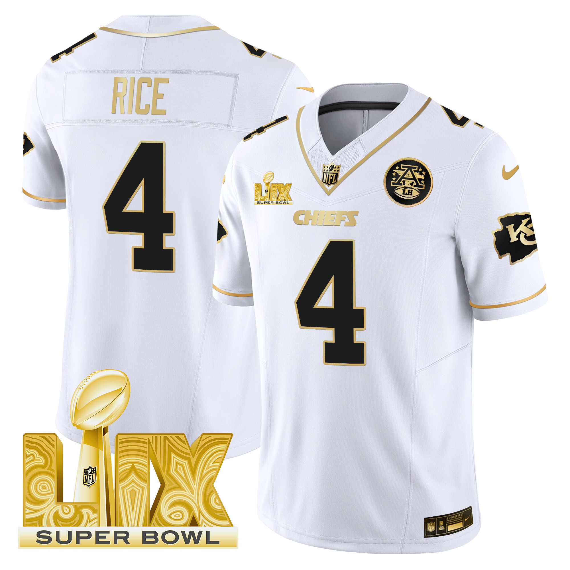 Men's Rashee Rice Kansas City Chiefs Super Bowl LIX Patch Gold Vapor Limited White Gold Jersey - All Stitched