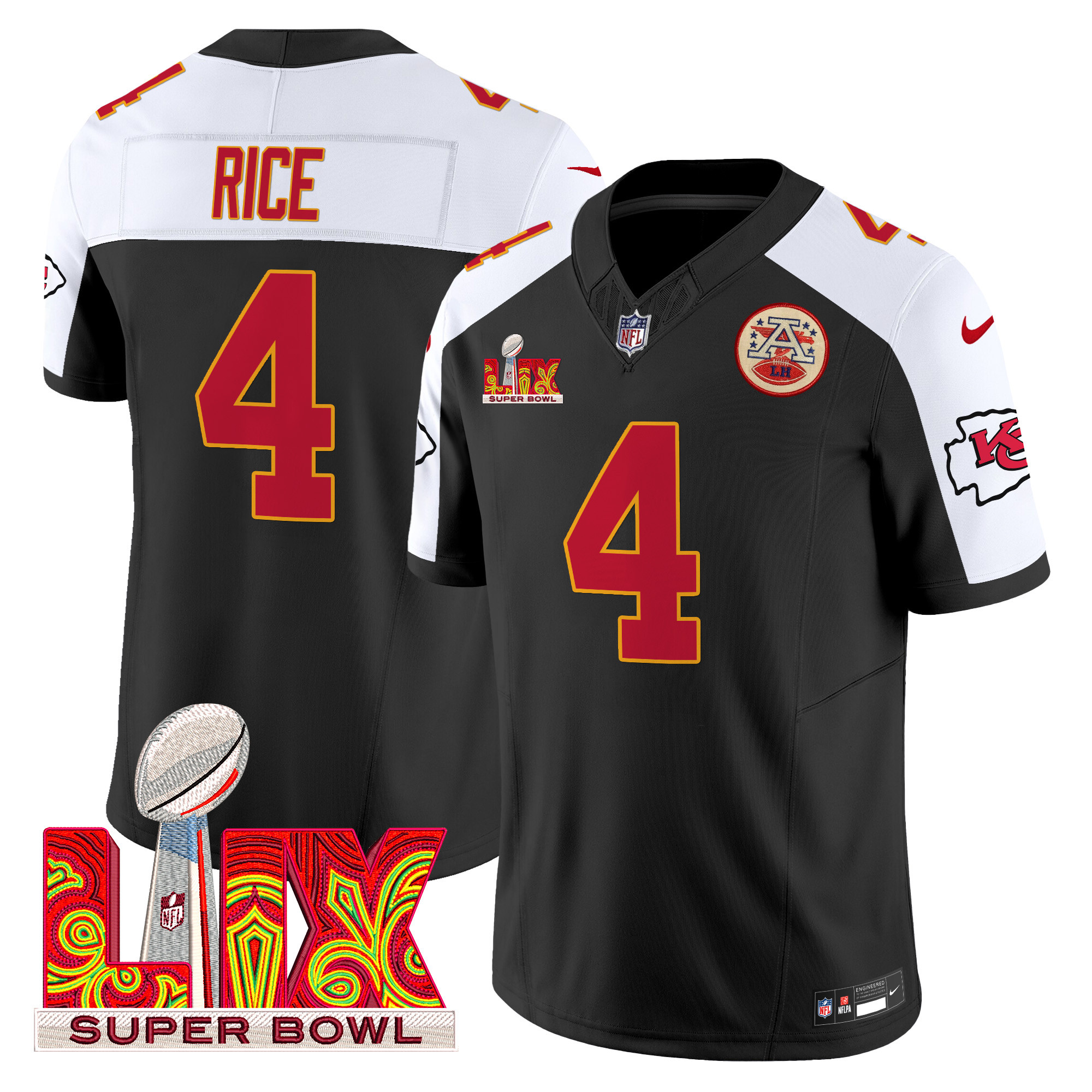 Men's Rashee Rice Kansas City Chiefs Super Bowl LIX Patch Vapor Limited Black Alternate Jersey - All Stitched