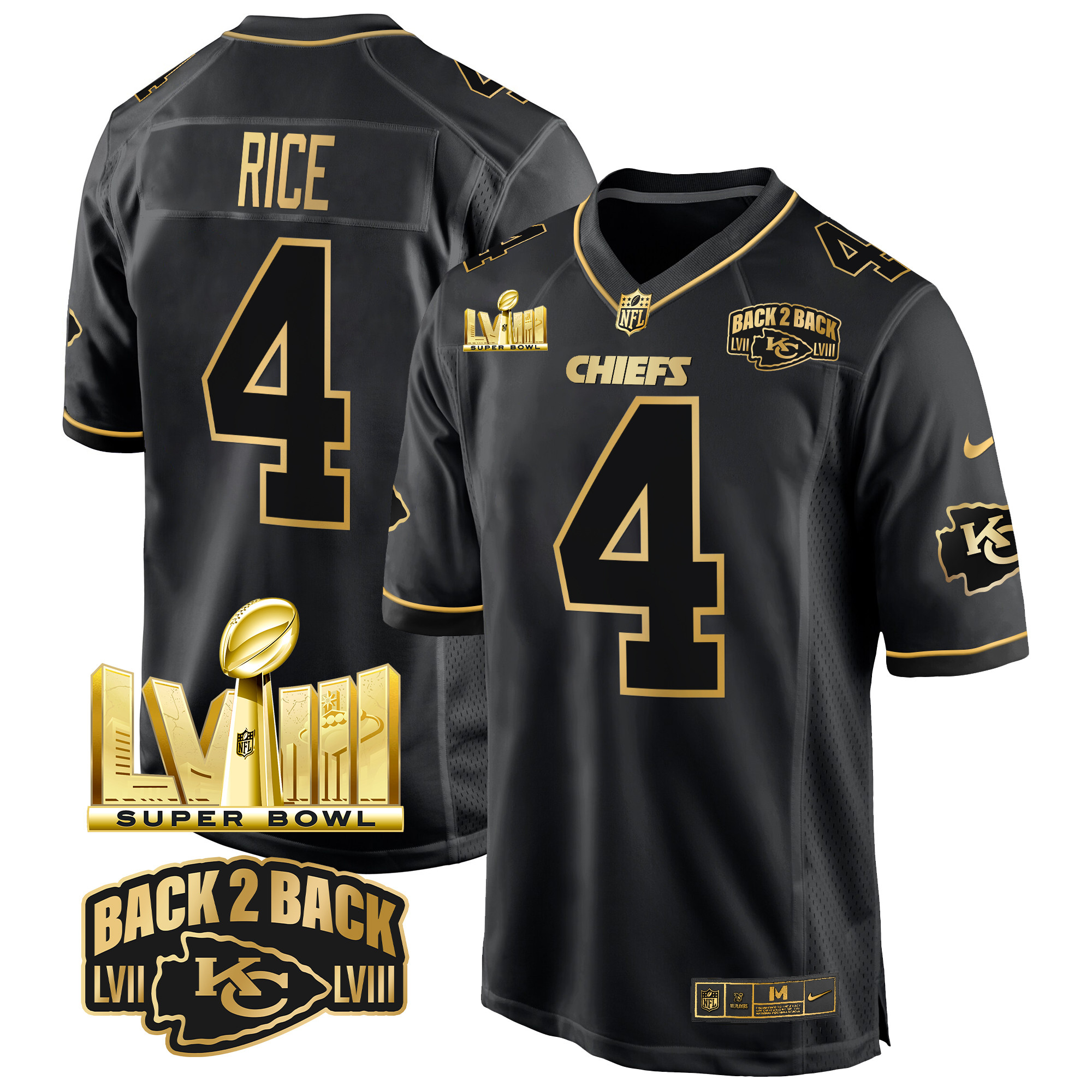 Men's Rashee Rice Kansas City Chiefs Super Bowl LVIII & Back 2 Back Gold Game Black Gold Jersey - All Stitched