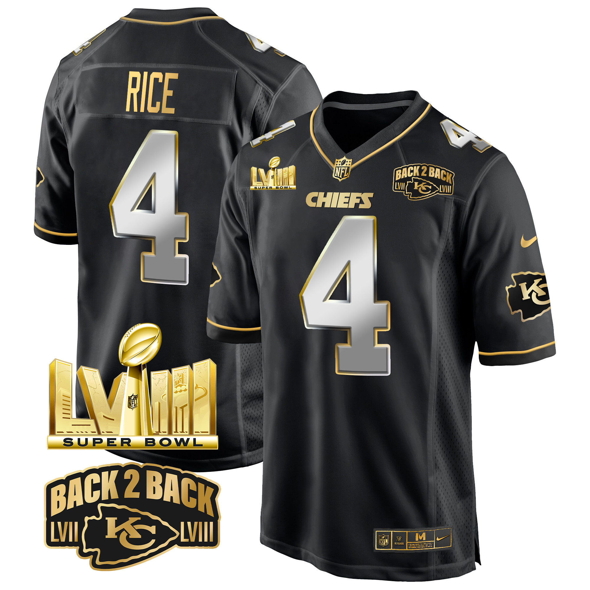 Men's Rashee Rice Kansas City Chiefs Super Bowl LVIII & Back 2 Back Gold Game Black Limited Jersey - All Stitched