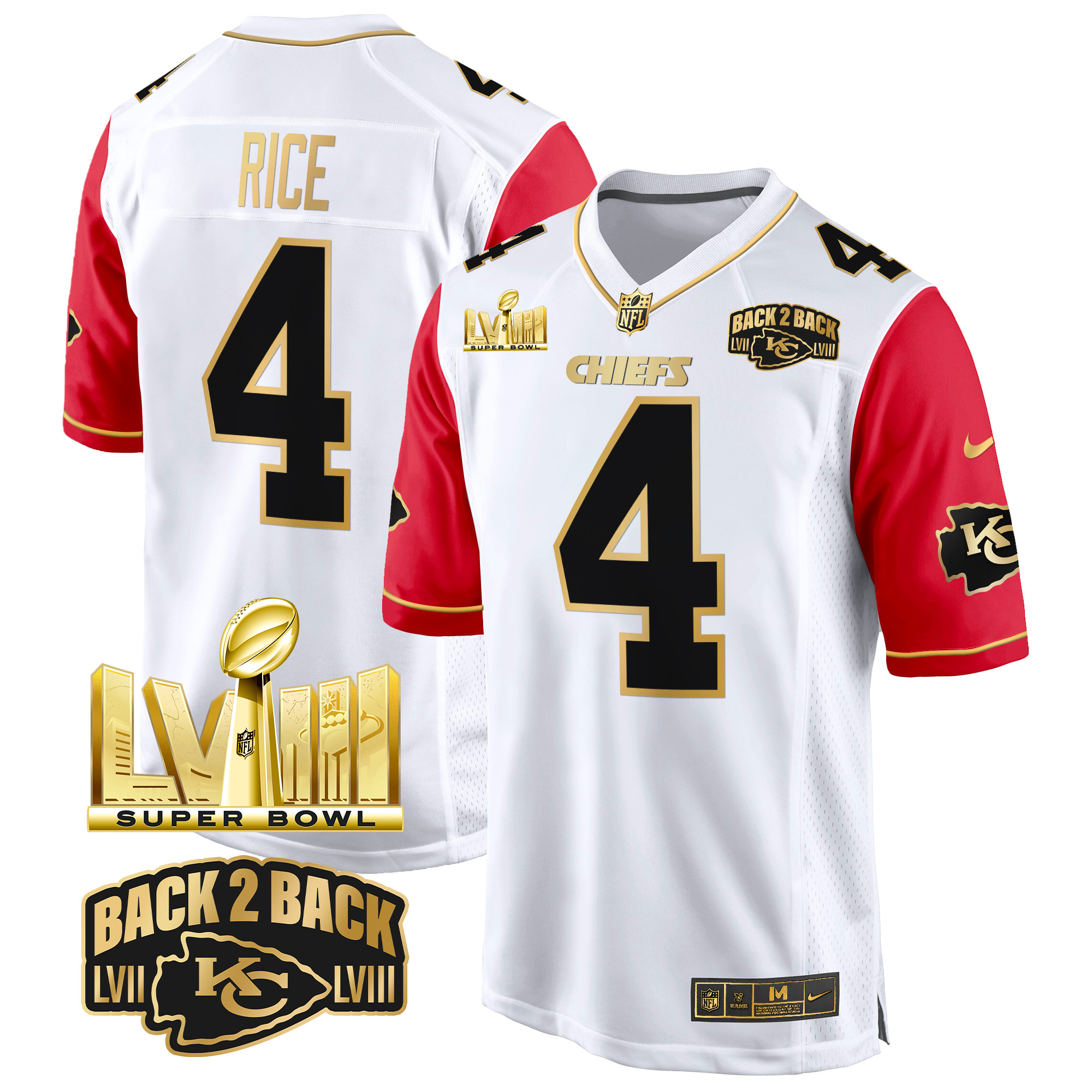 Men's Rashee Rice Kansas City Chiefs Super Bowl LVIII & Back 2 Back Gold Game Color Sleeves Jersey - All Stitched