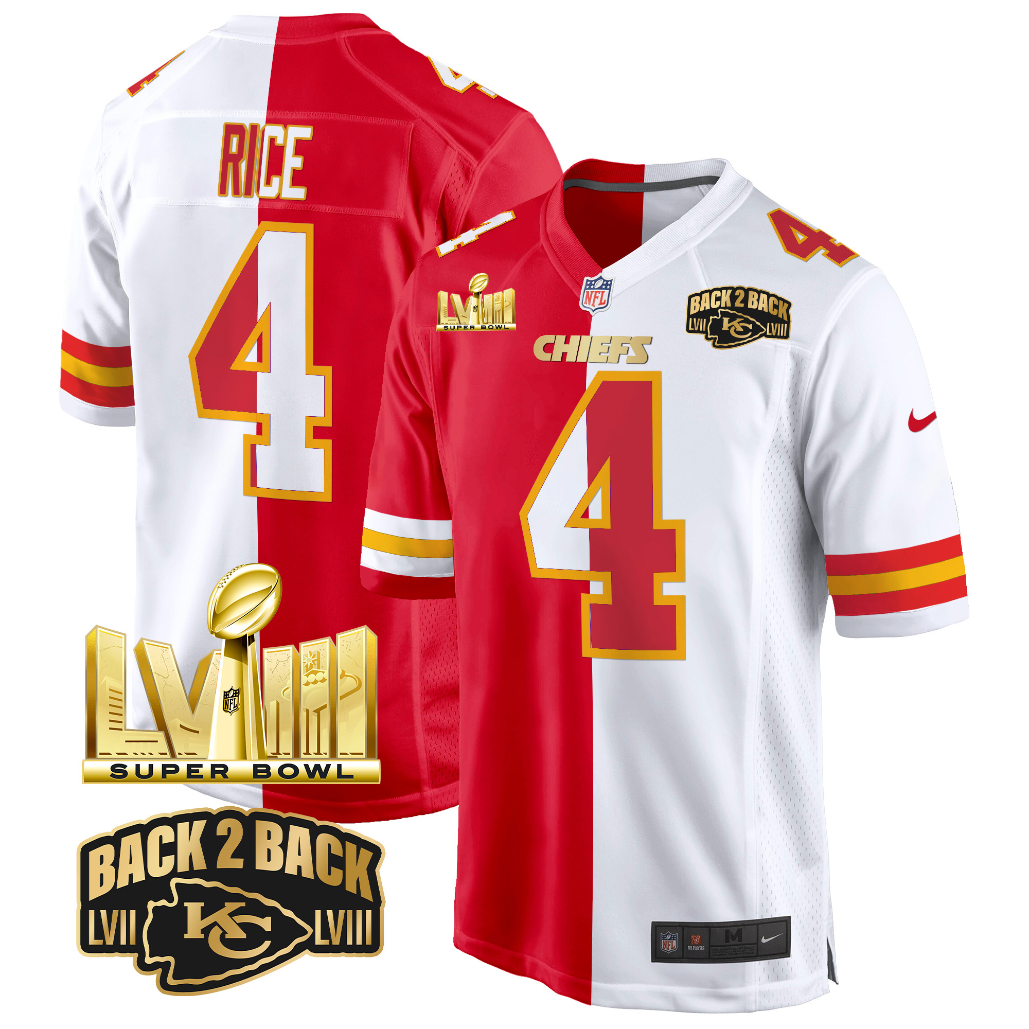 Men's Rashee Rice Kansas City Chiefs Super Bowl LVIII & Back 2 Back Gold Game Split Jersey - All Stitched