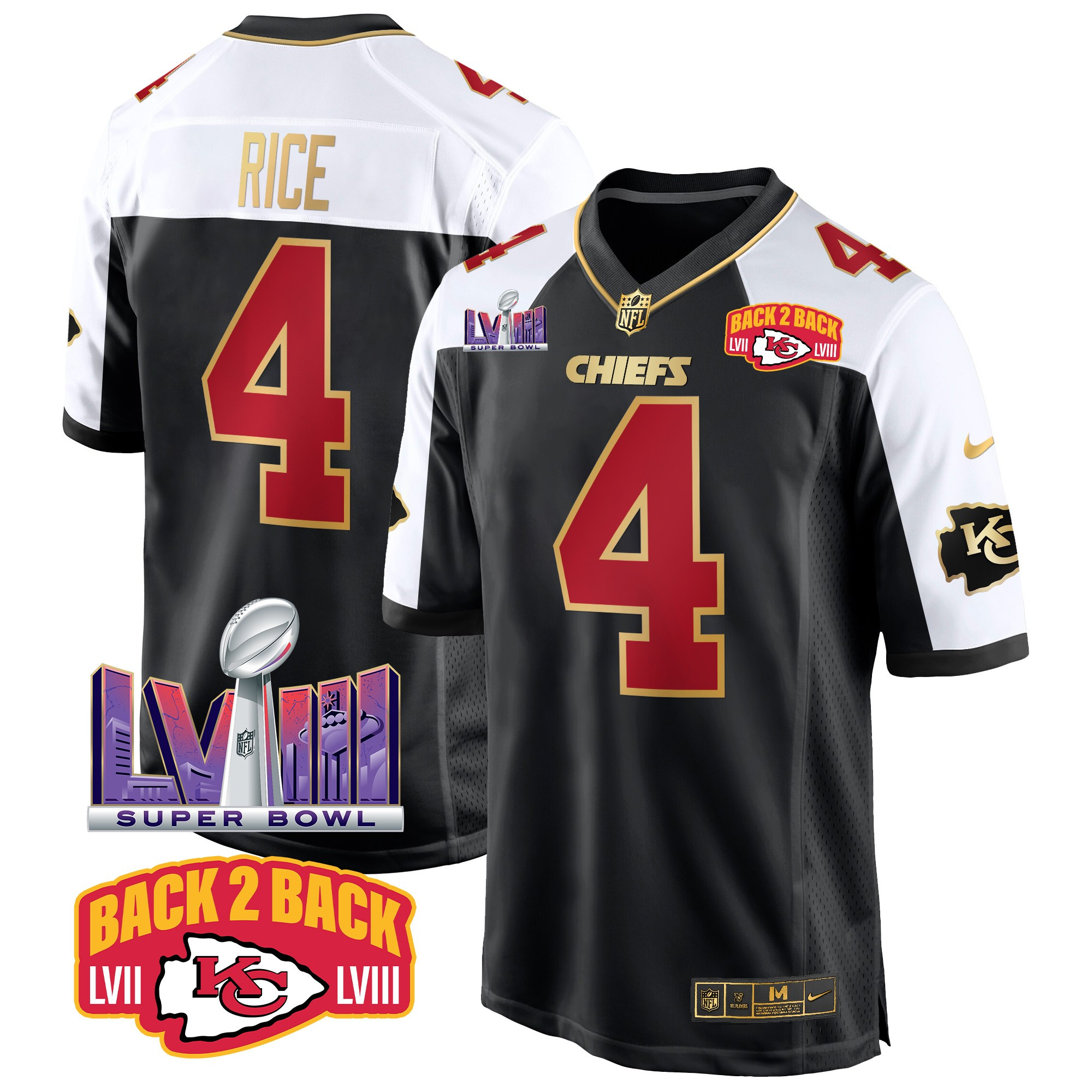 Men's Rashee Rice Kansas City Chiefs Super Bowl LVIII & Back 2 Back Patch Game Black Alternate Jersey - All Stitched