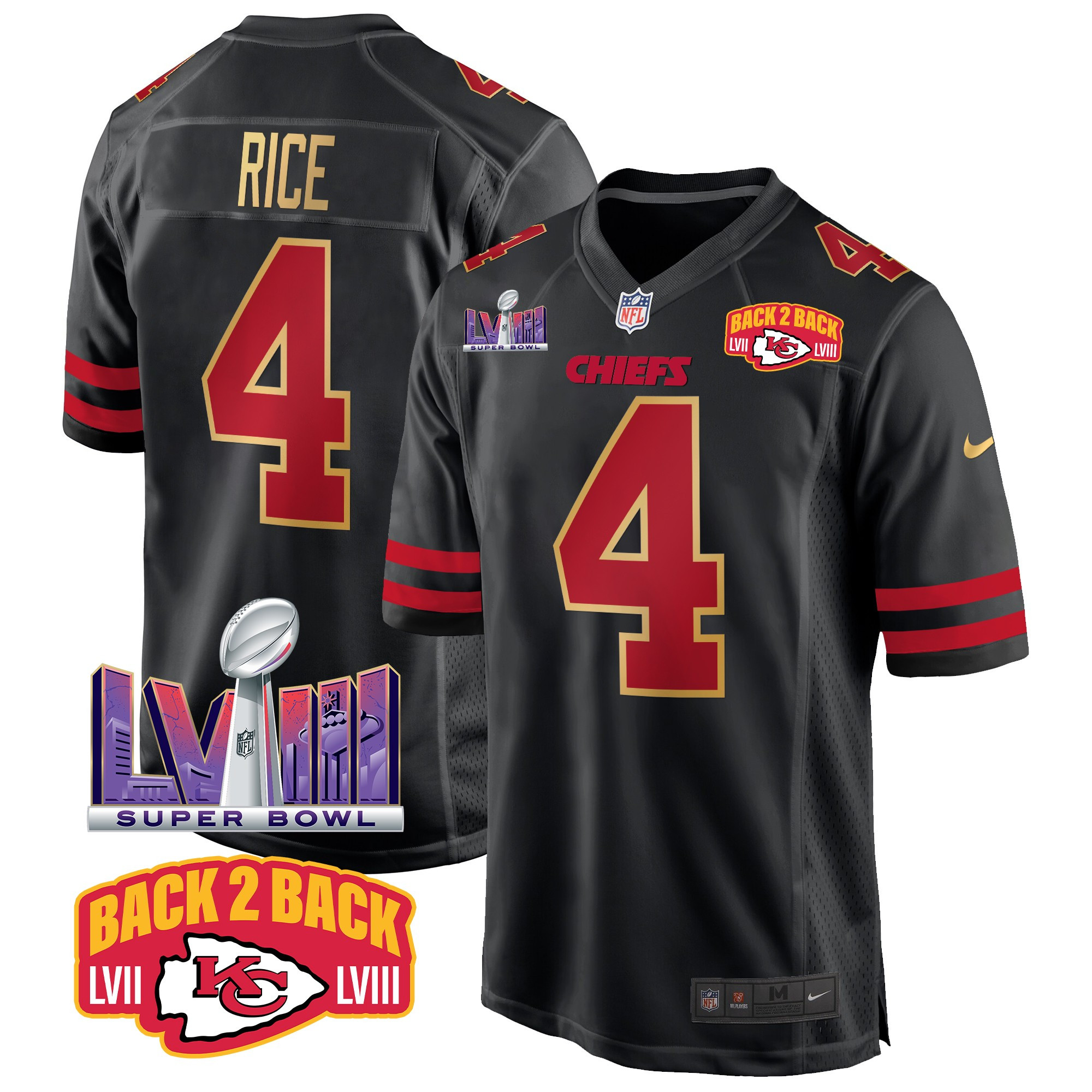 Men's Rashee Rice Kansas City Chiefs Super Bowl LVIII & Back 2 Back Patch Game Gold Trim Jersey - All Stitched