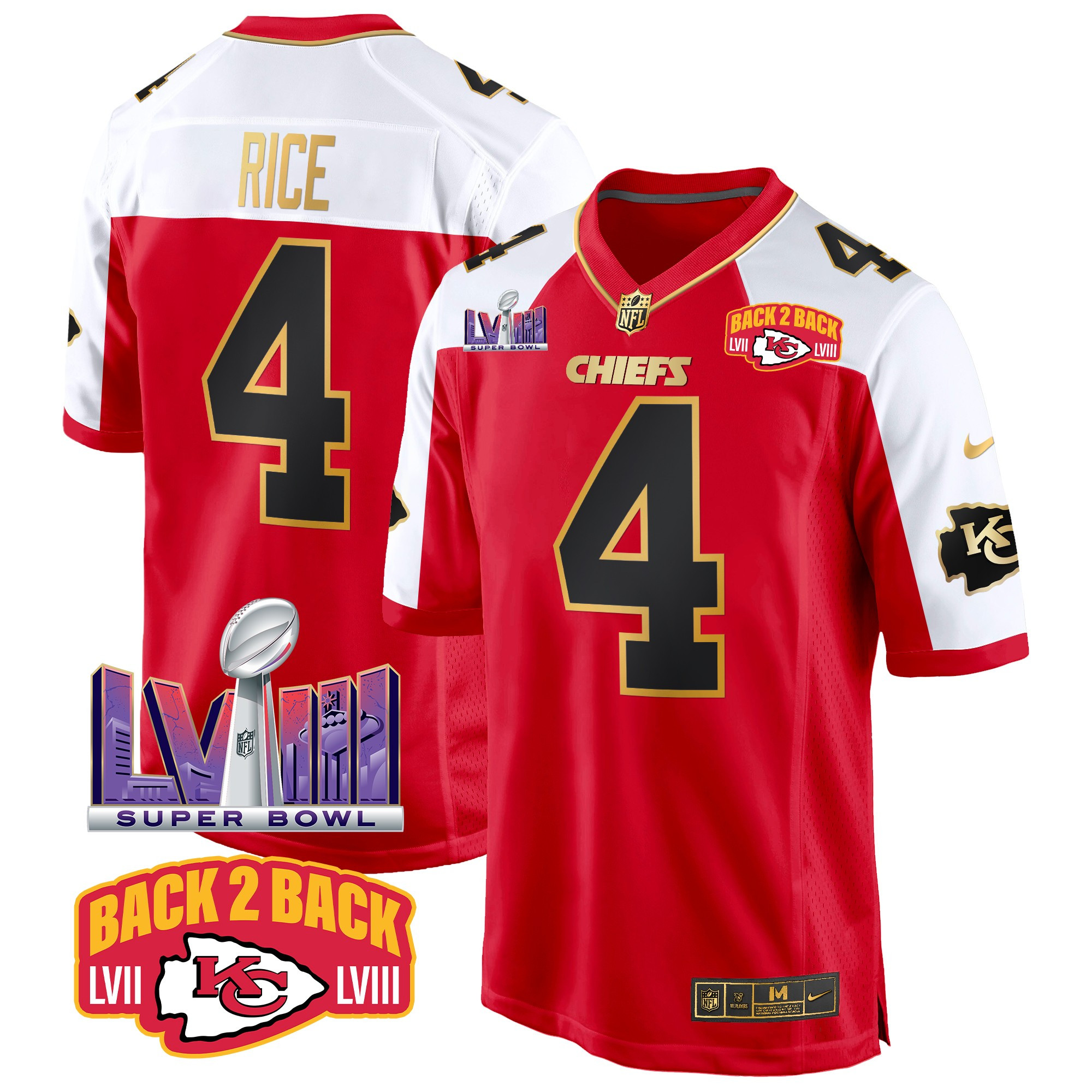 Men's Rashee Rice Kansas City Chiefs Super Bowl LVIII & Back 2 Back Patch Game Red Alternate Jersey - All Stitched
