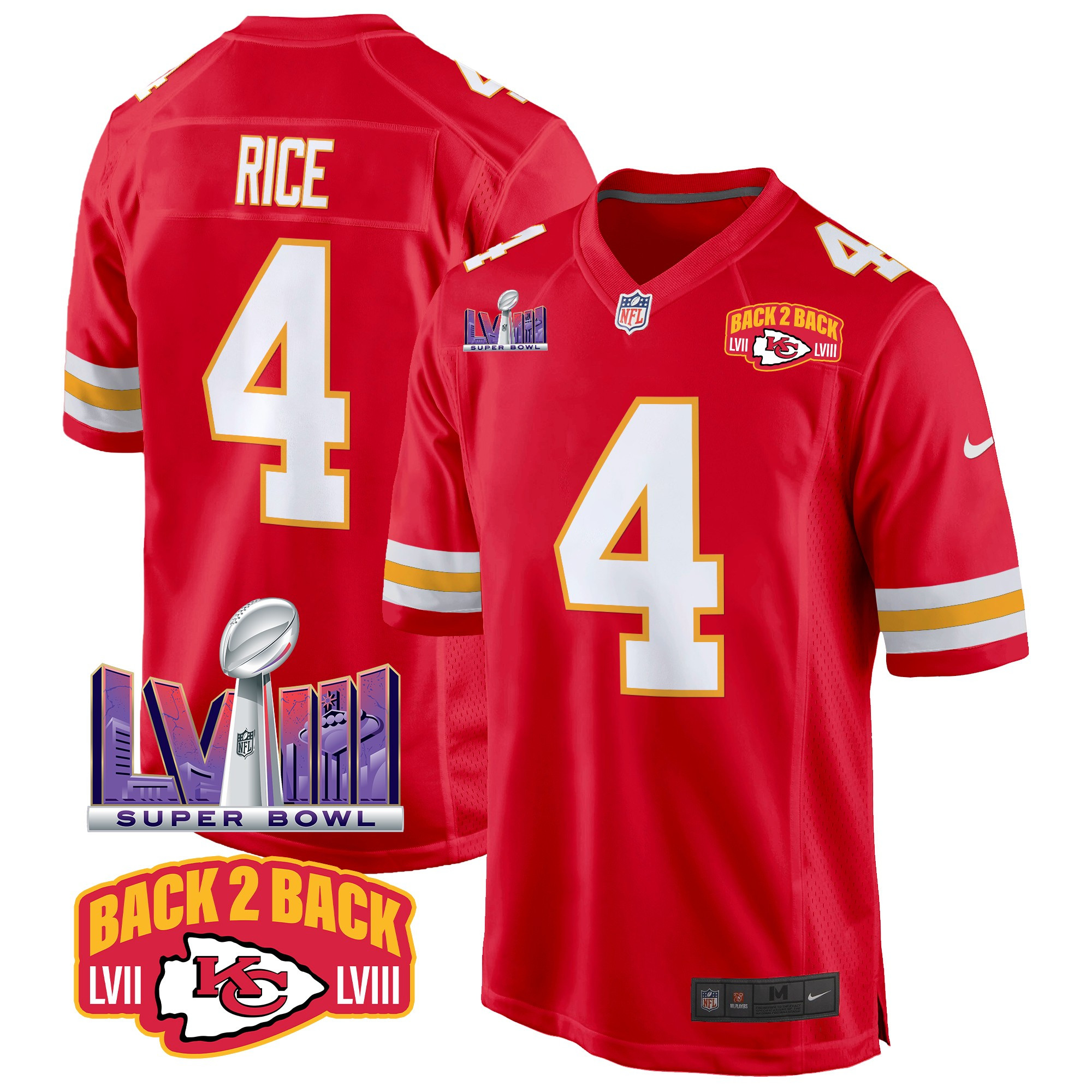 Men's Rashee Rice Kansas City Chiefs Super Bowl LVIII & Back 2 Back Patch Game Red Jersey - All Stitched