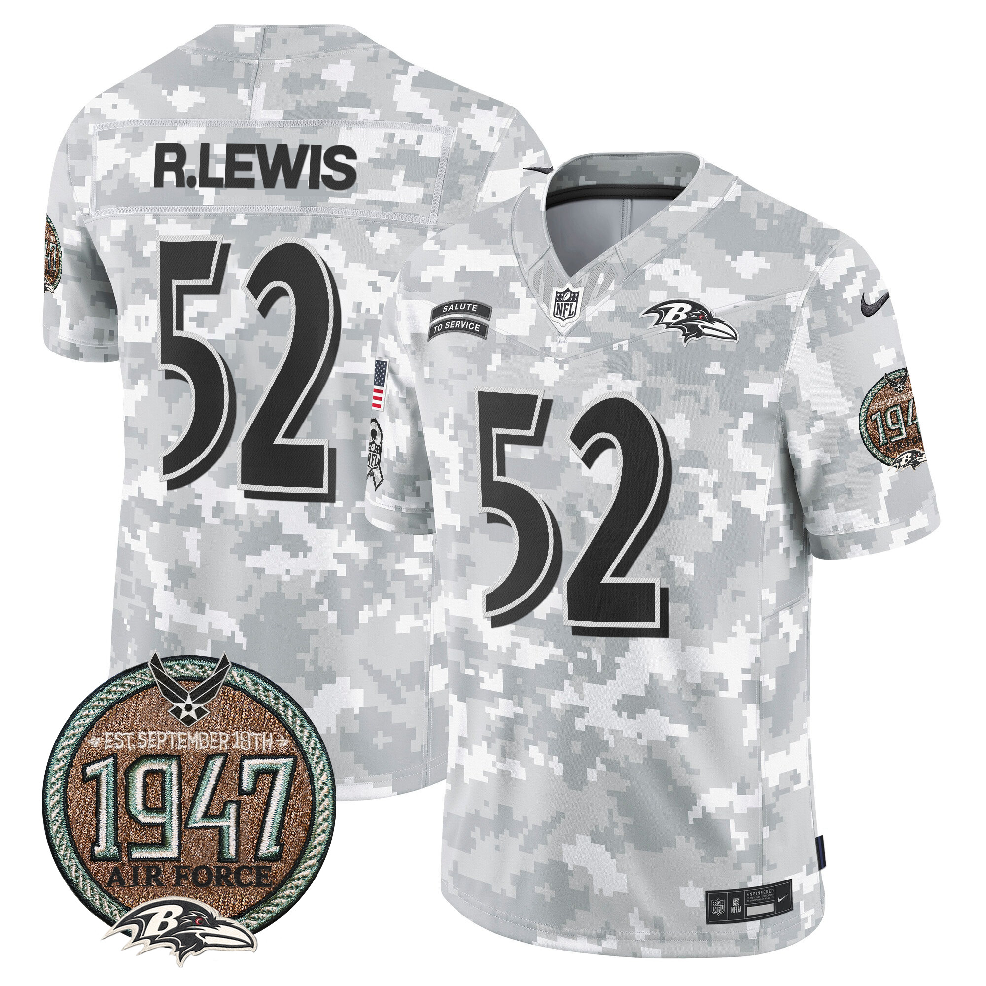 Men's Ray Lewis Baltimore Ravens 2024 Salute to Service Establishment Year Patch Vapor Limited Air Force Jersey - All Stitched