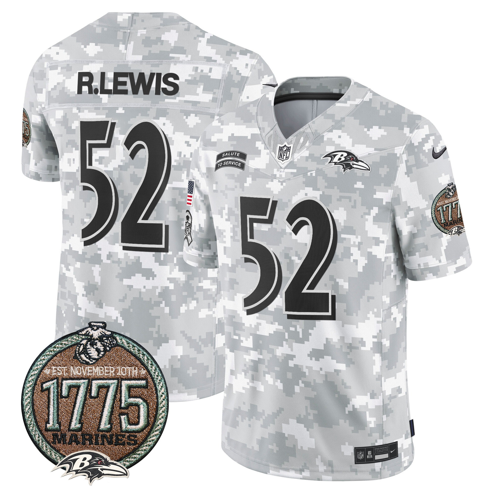 Men's Ray Lewis Baltimore Ravens 2024 Salute to Service Establishment Year Patch Vapor Limited Marines Jersey - All Stitched