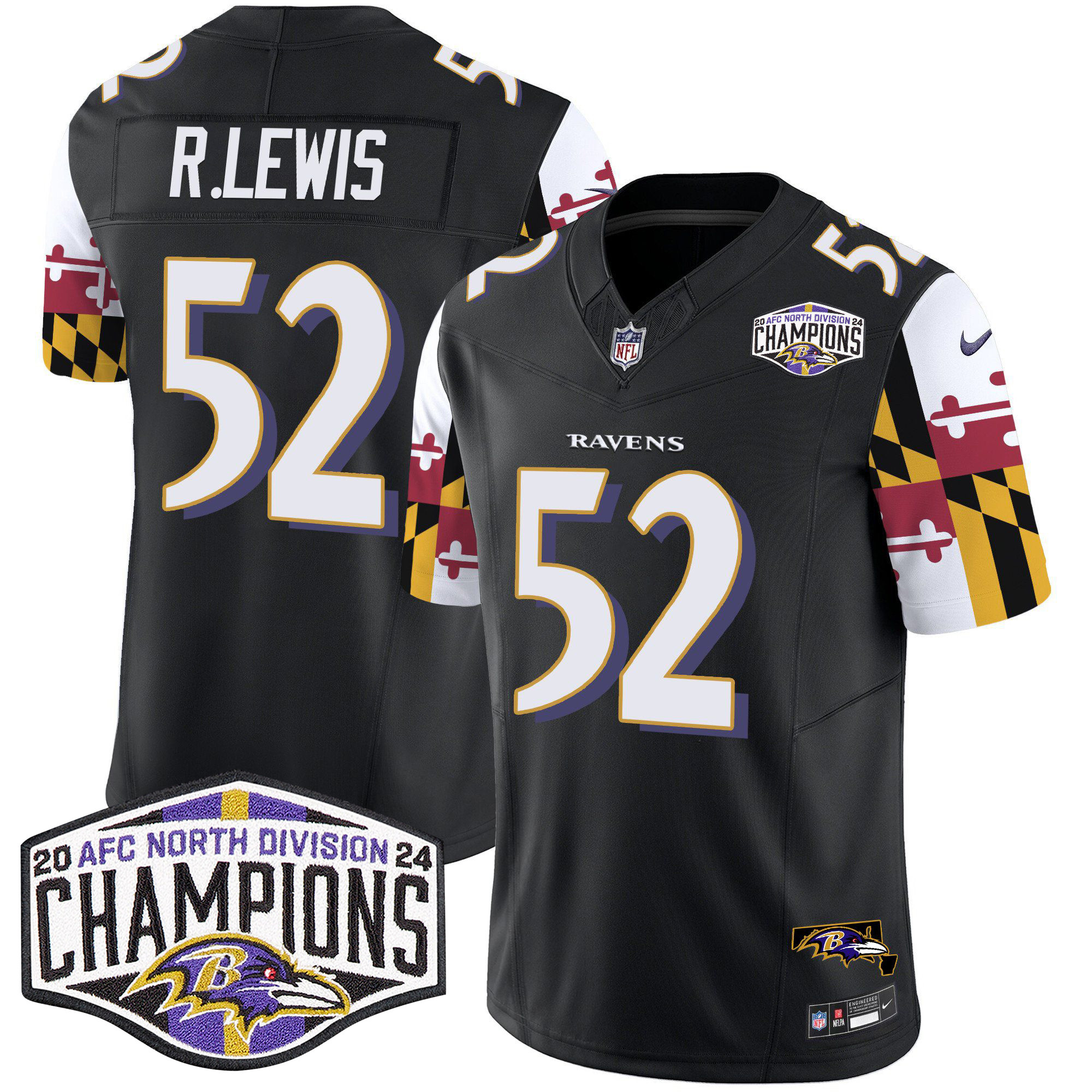 Men's Ray Lewis Baltimore Ravens Maryland Flag 2024 AFC North Division Champions Patch Vapor Limited Black Jersey - All Stitched