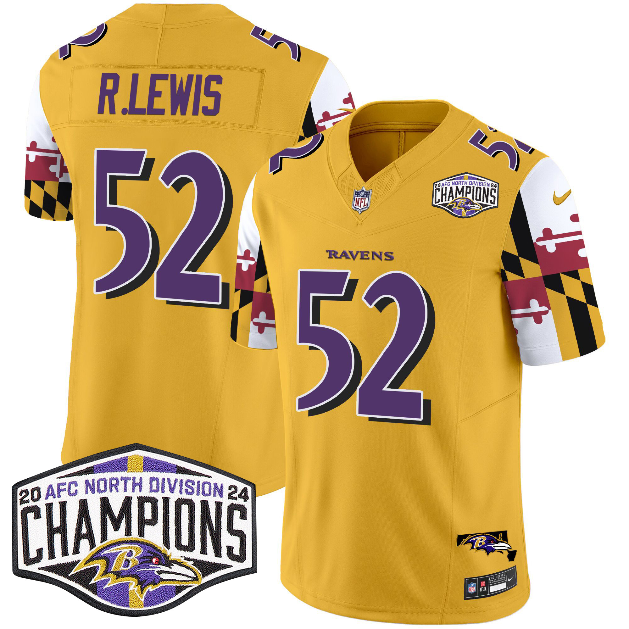Men's Ray Lewis Baltimore Ravens Maryland Flag 2024 AFC North Division Champions Patch Vapor Limited Gold Jersey - All Stitched