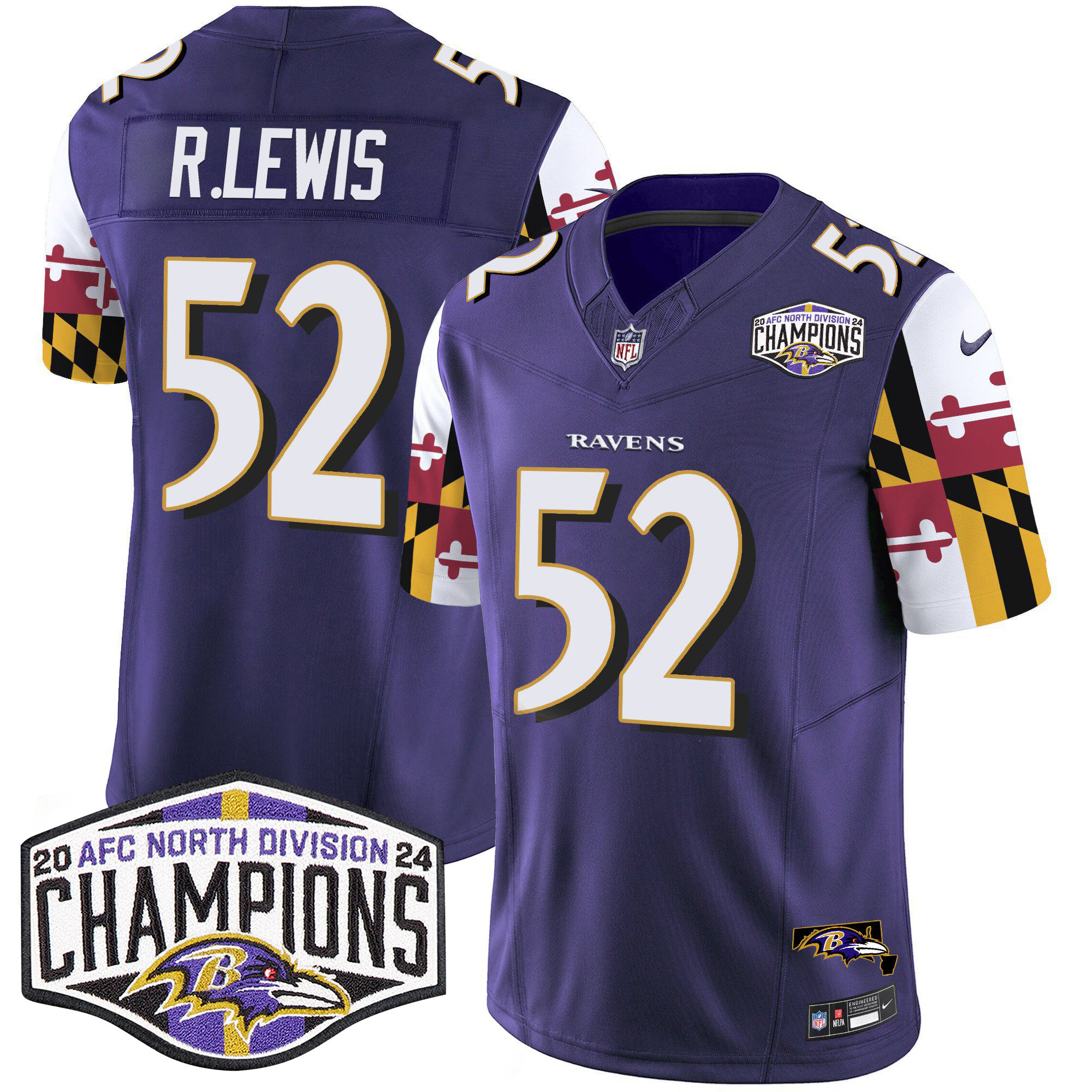Men's Ray Lewis Baltimore Ravens Maryland Flag 2024 AFC North Division Champions Patch Vapor Limited Purple Jersey - All Stitched