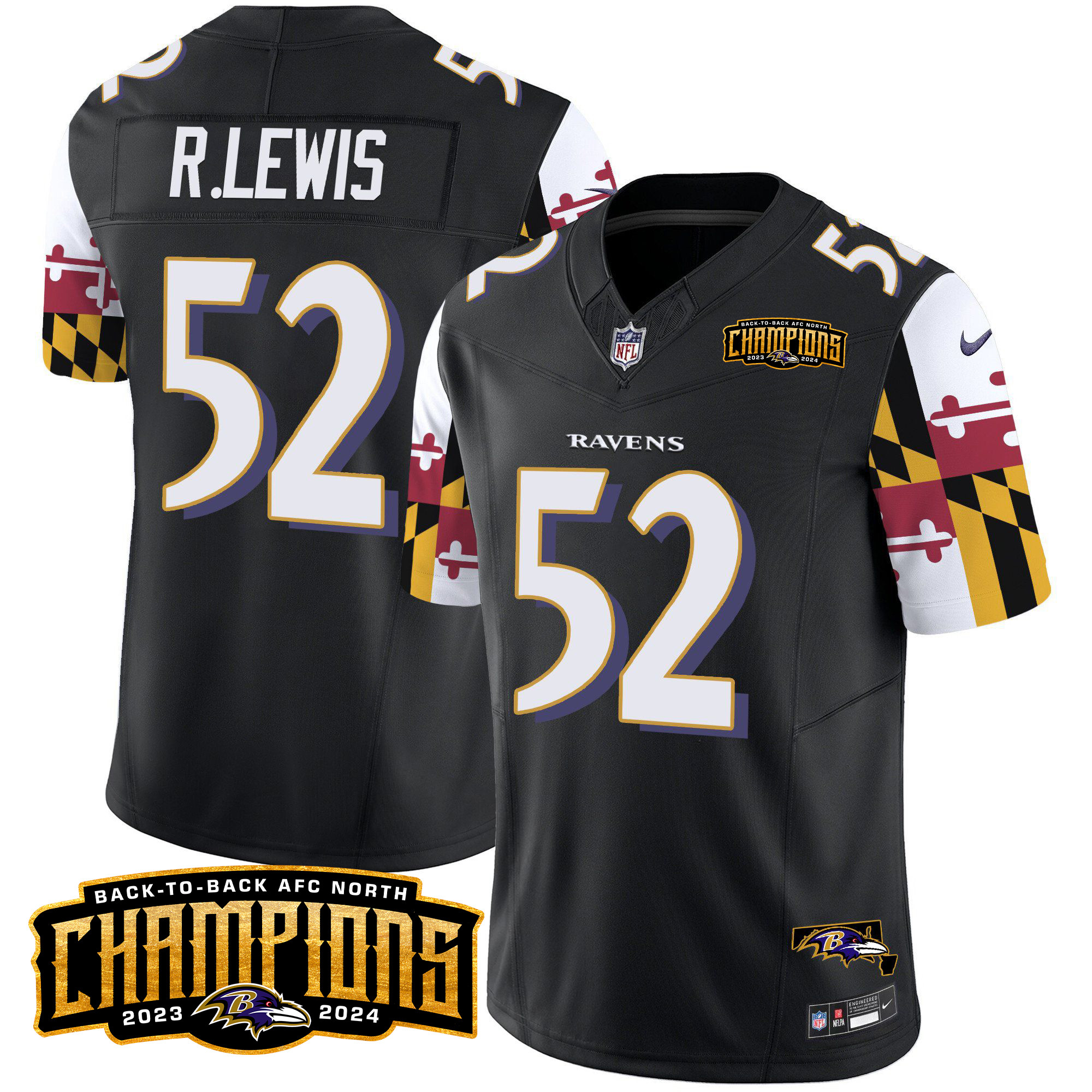 Men's Ray Lewis Baltimore Ravens Maryland Flag Back To Back AFC North Champions Patch Vapor Limited Black Jersey - All Stitched