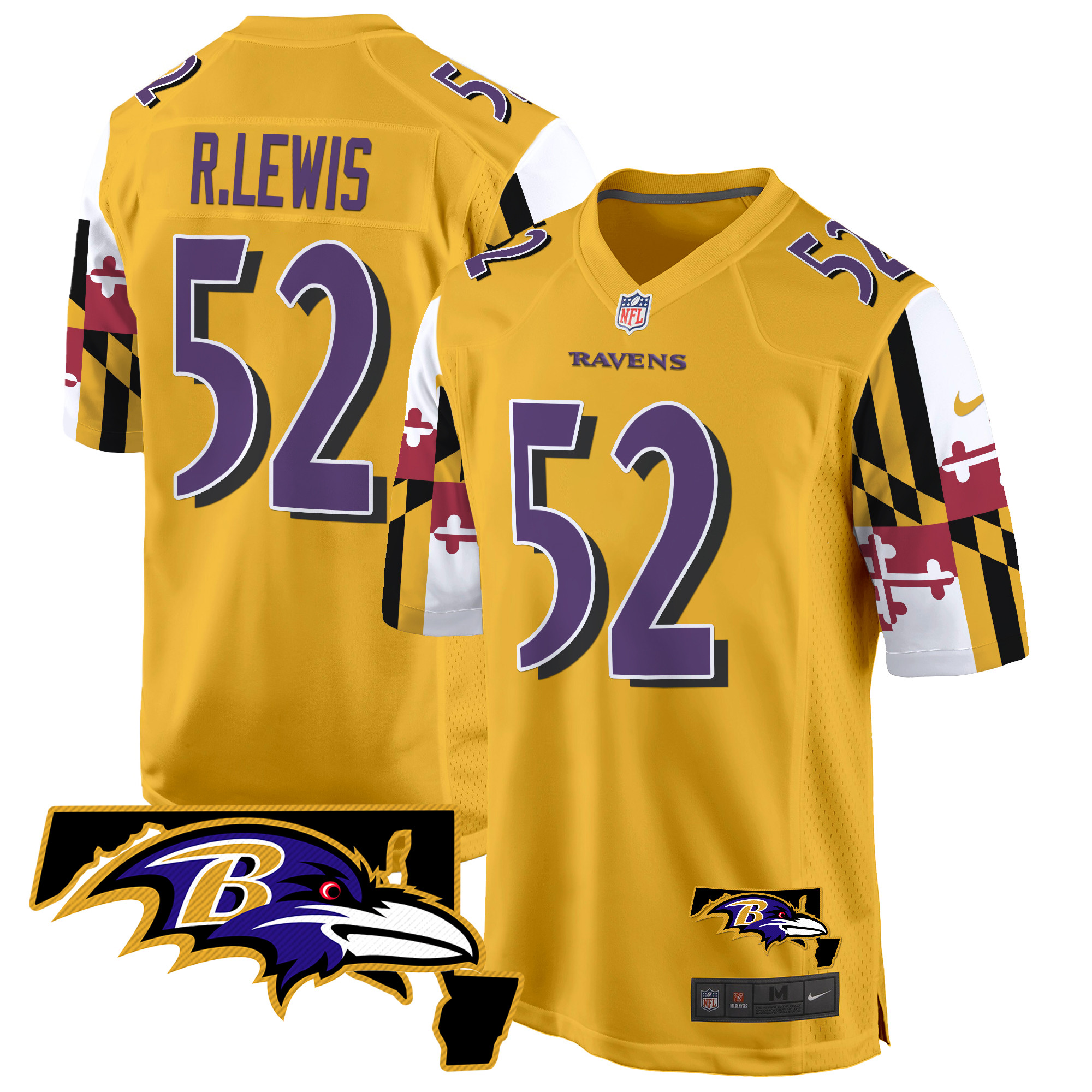 Men's Ray Lewis Baltimore Ravens Maryland Flag Game Gold Jersey - All Stitched