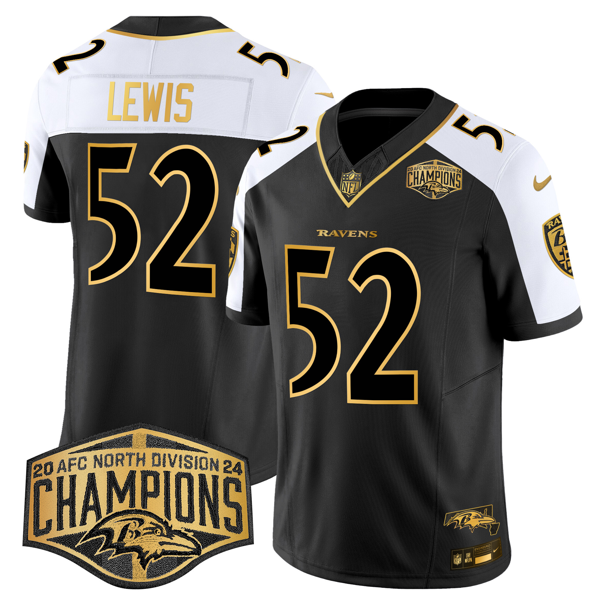 Men's Ray Lewis Baltimore Ravens Maryland Flag Map 2024 AFC North Division Champions Patch Gold Vapor Limited Alternate Jersey - All Stitched