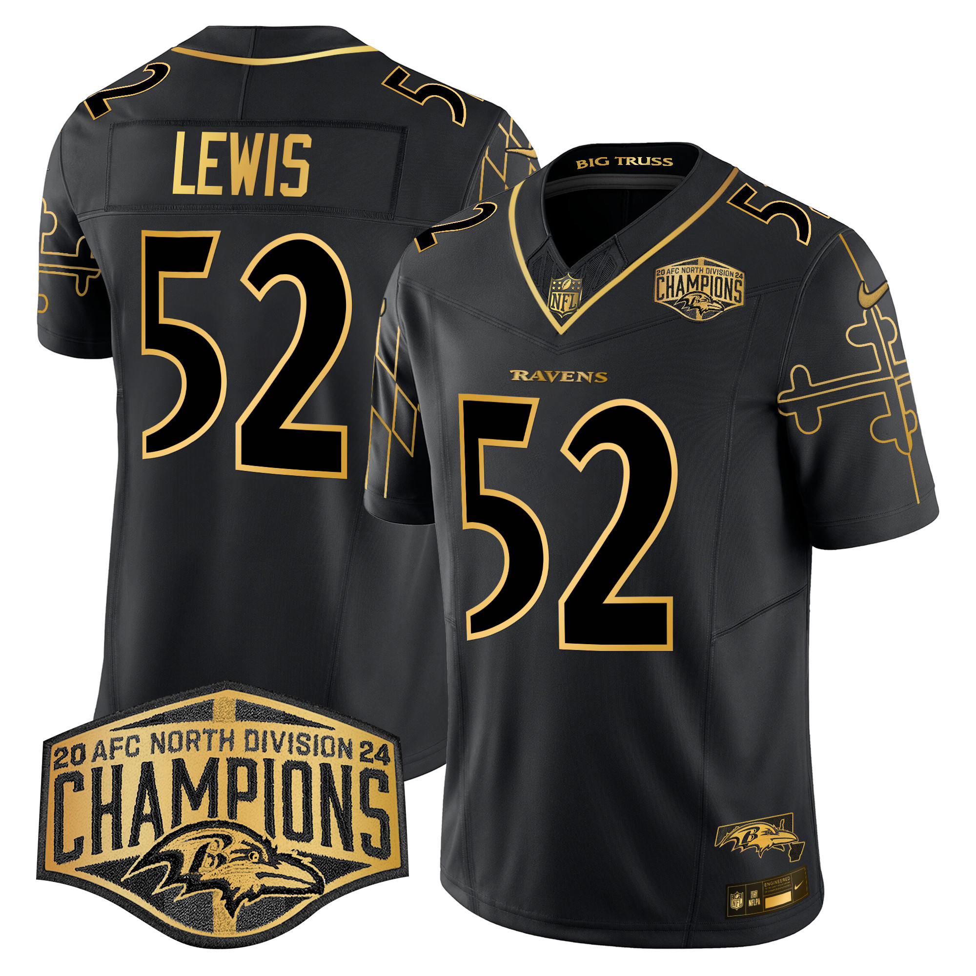 Men's Ray Lewis Baltimore Ravens Maryland Flag Map 2024 AFC North Division Champions Patch Gold Vapor Limited Black Gold Jersey - All Stitched