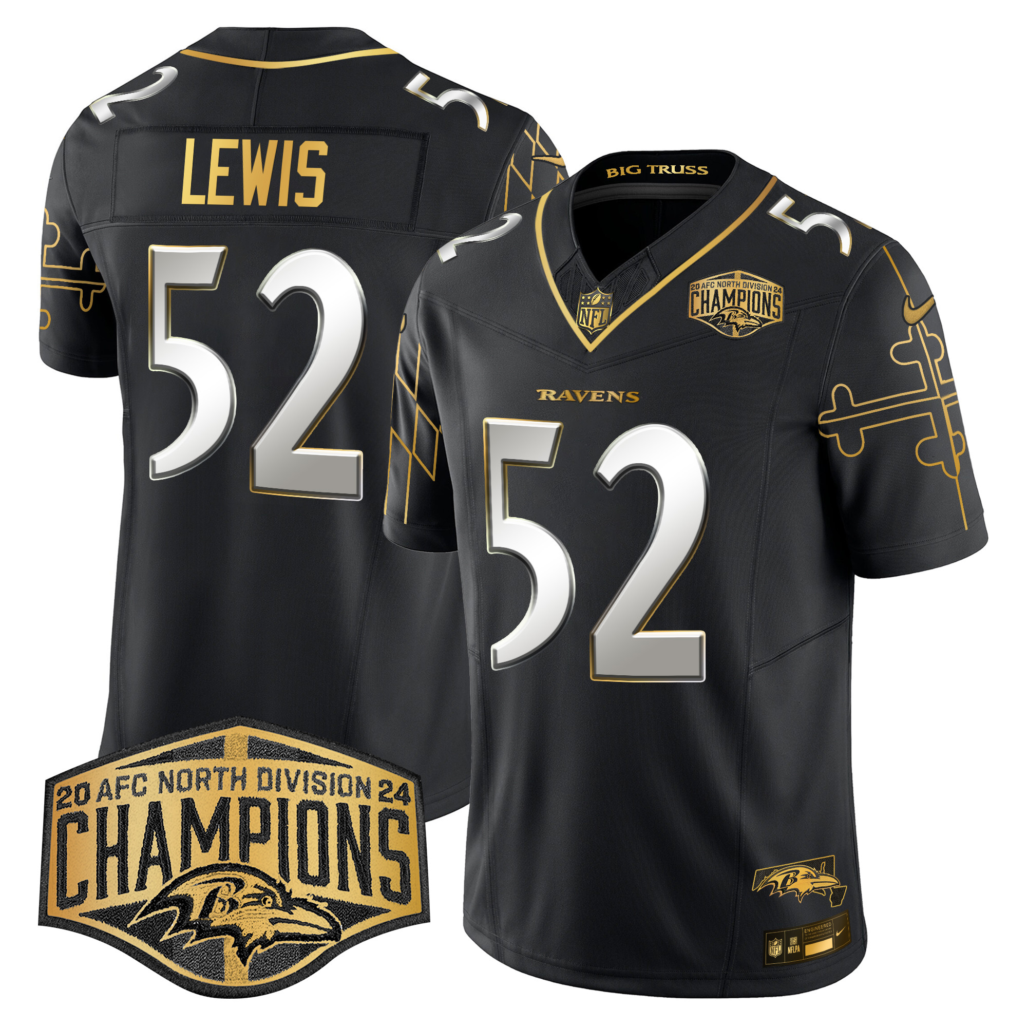 Men's Ray Lewis Baltimore Ravens Maryland Flag Map 2024 AFC North Division Champions Patch Gold Vapor Limited Black Limited Jersey - All Stitched