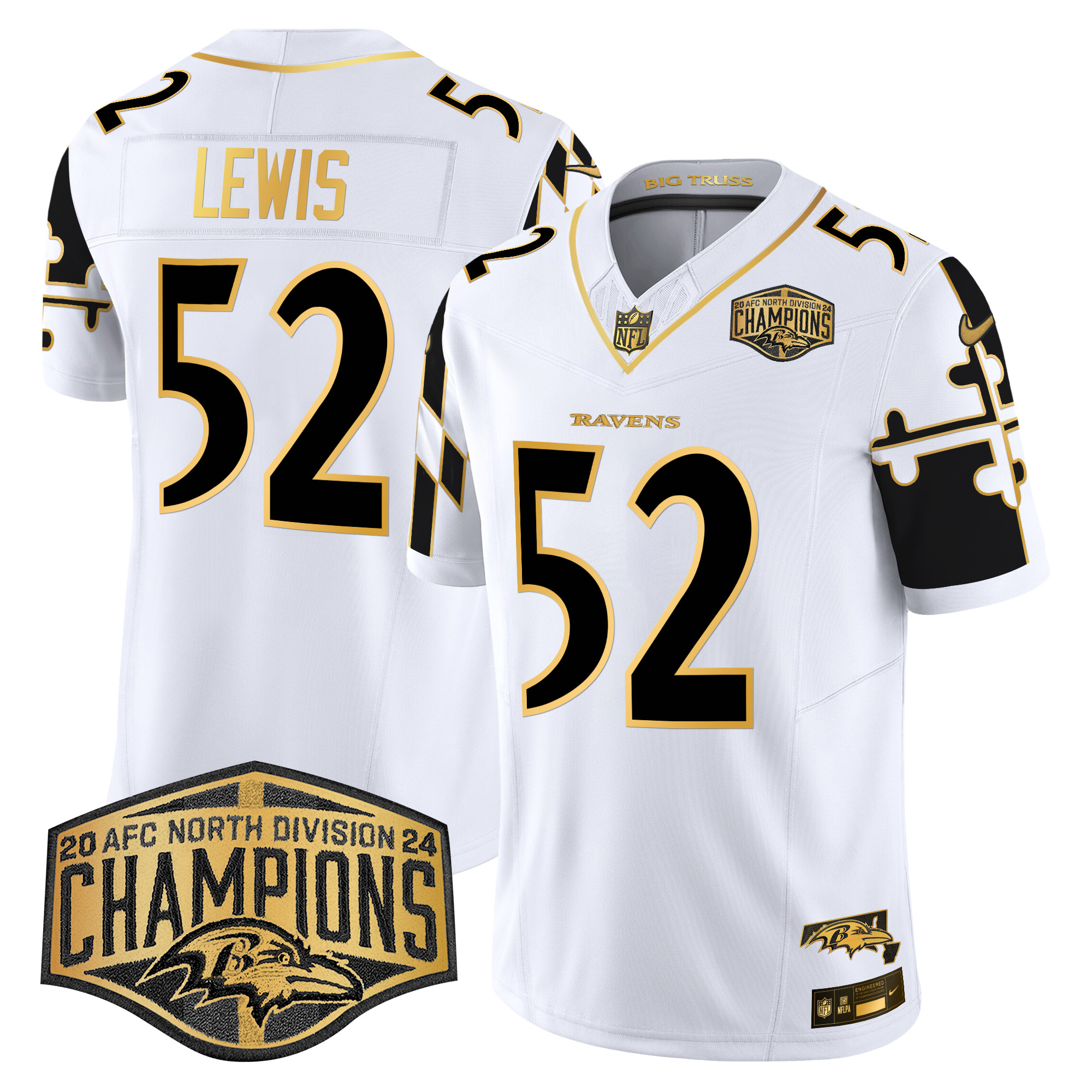 Men's Ray Lewis Baltimore Ravens Maryland Flag Map 2024 AFC North Division Champions Patch Gold Vapor Limited White Gold Jersey - All Stitched