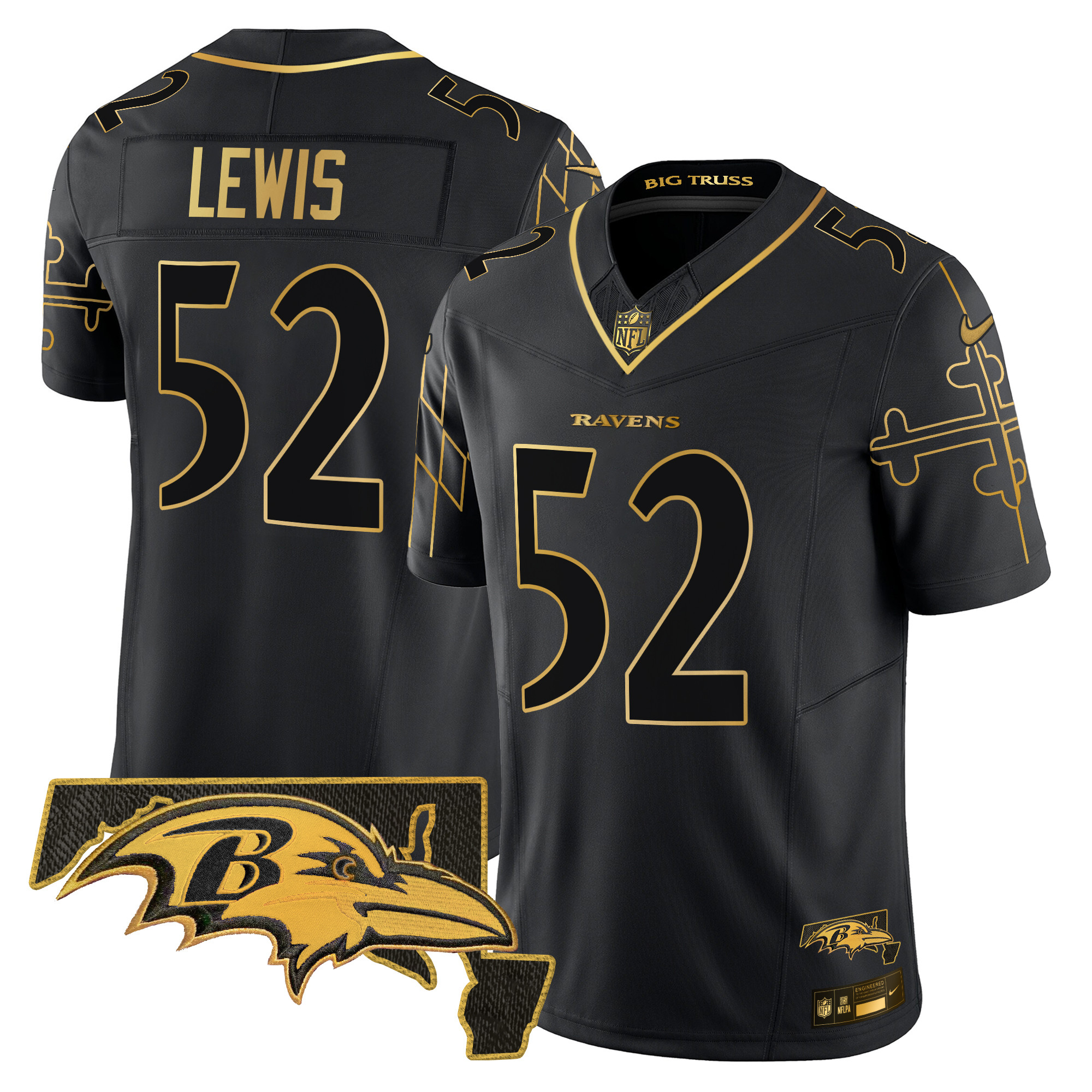 Men's Ray Lewis Baltimore Ravens Maryland Flag Map Patch Gold Vapor Limited Black Gold Jersey - All Stitched