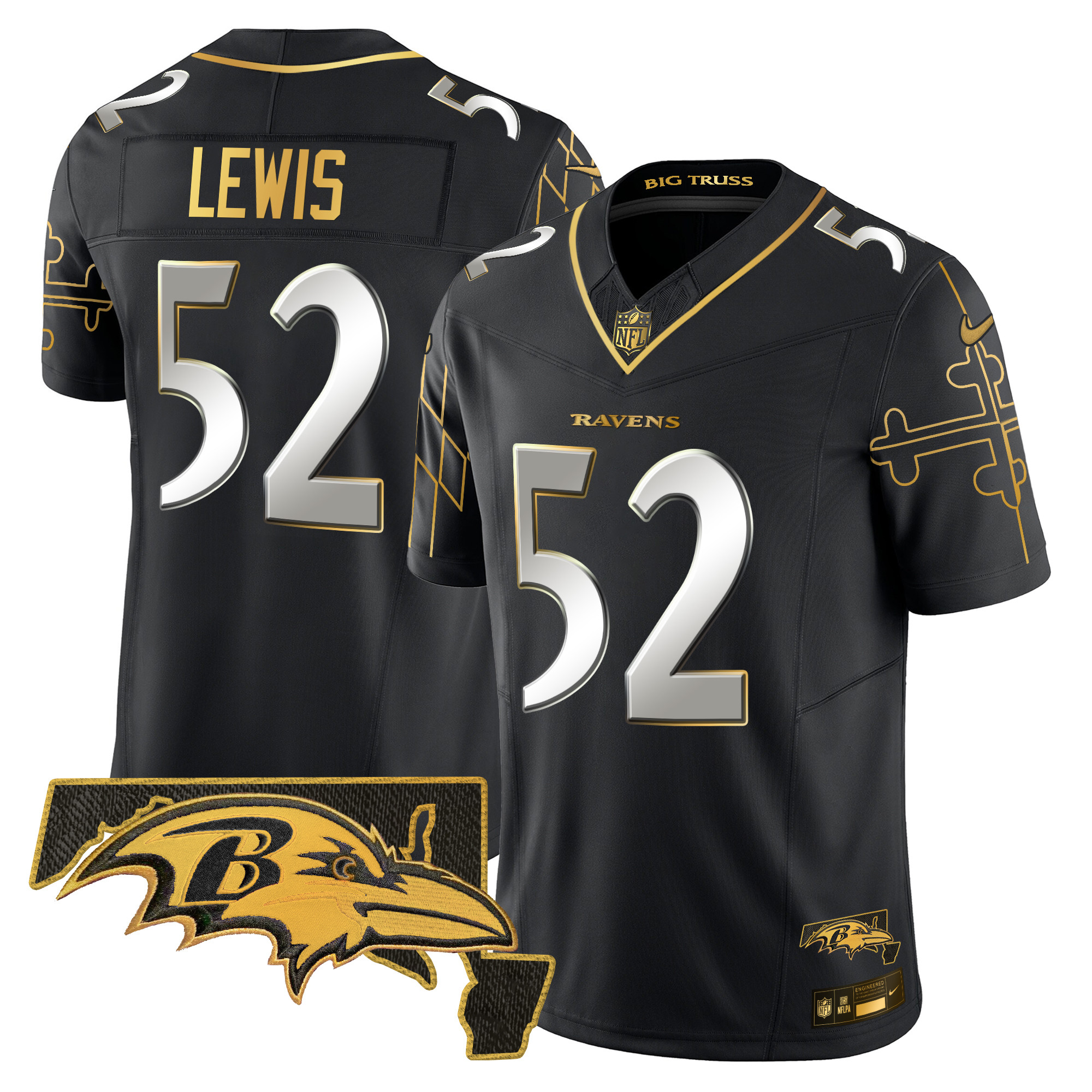 Men's Ray Lewis Baltimore Ravens Maryland Flag Map Patch Gold Vapor Limited Black Limited Jersey - All Stitched
