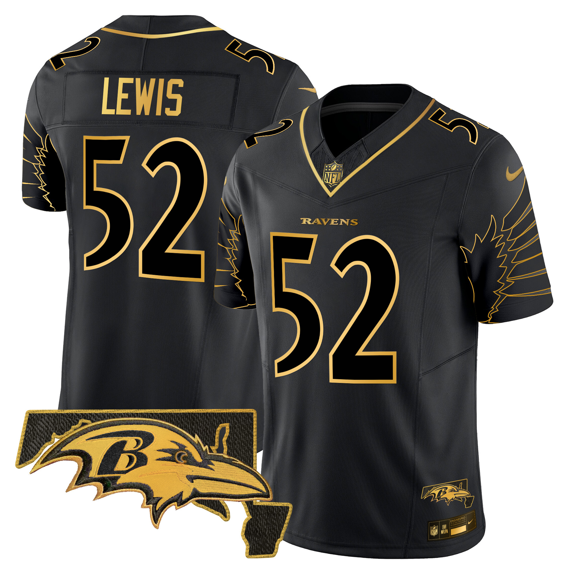 Men's Ray Lewis Baltimore Ravens Maryland Patch Gold Vapor Limited Black Gold Jersey - All Stitched