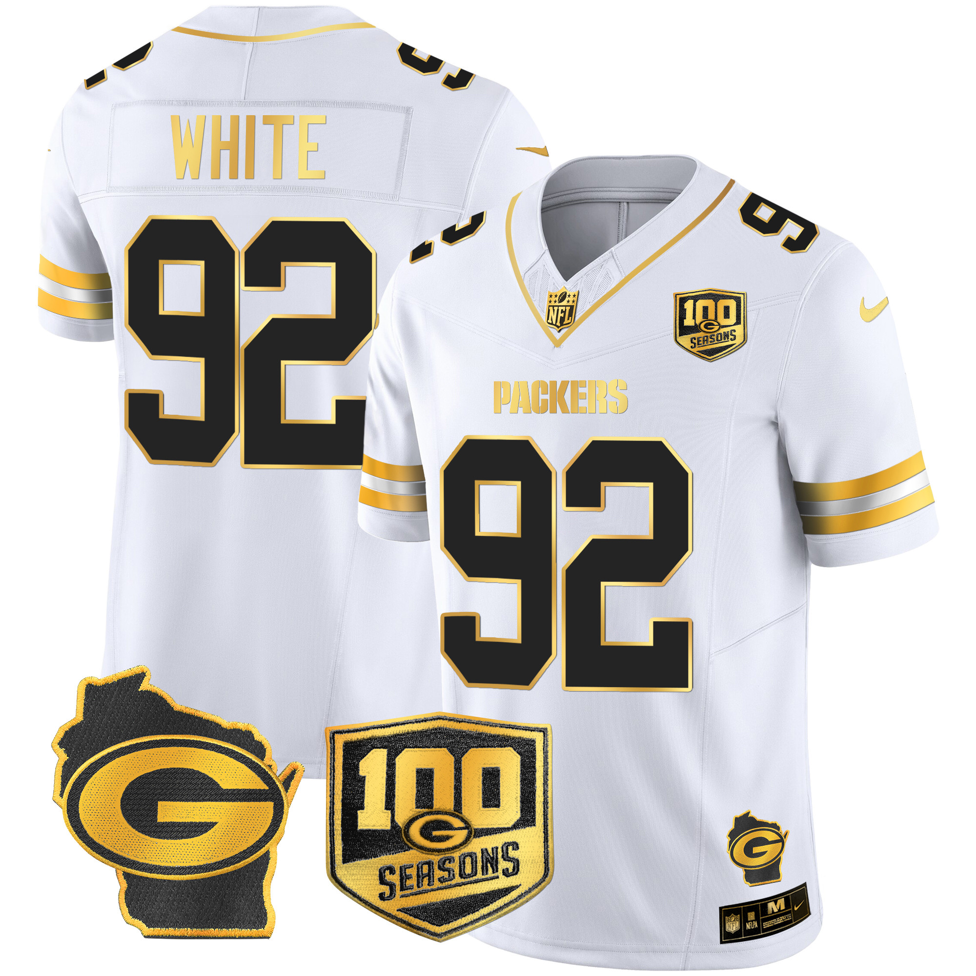 Men's Reggie White Green Bay Packers 100th Season & Home Patch Gold Vapor Limited White Gold Jersey – All Stitched
