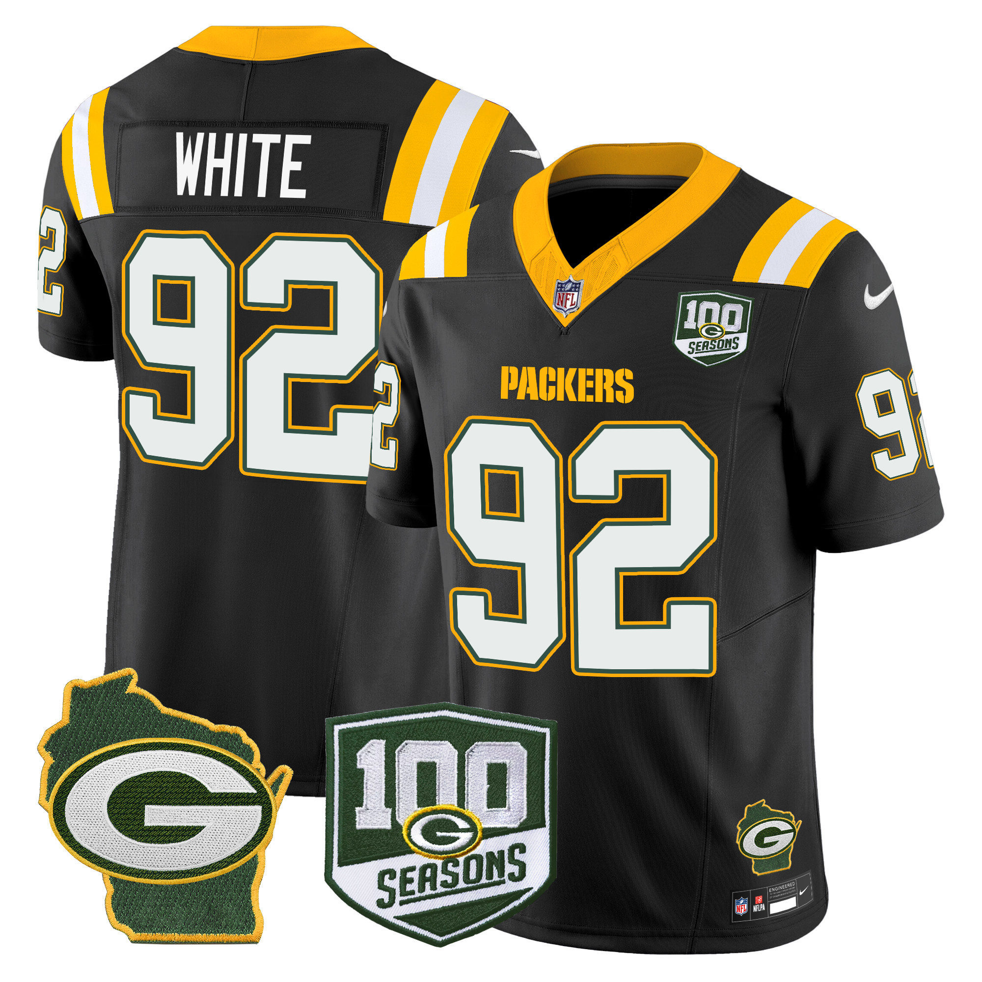 Men's Reggie White Green Bay Packers 100th Season & Home Patch Vapor Limited Black Jersey - All Stitched