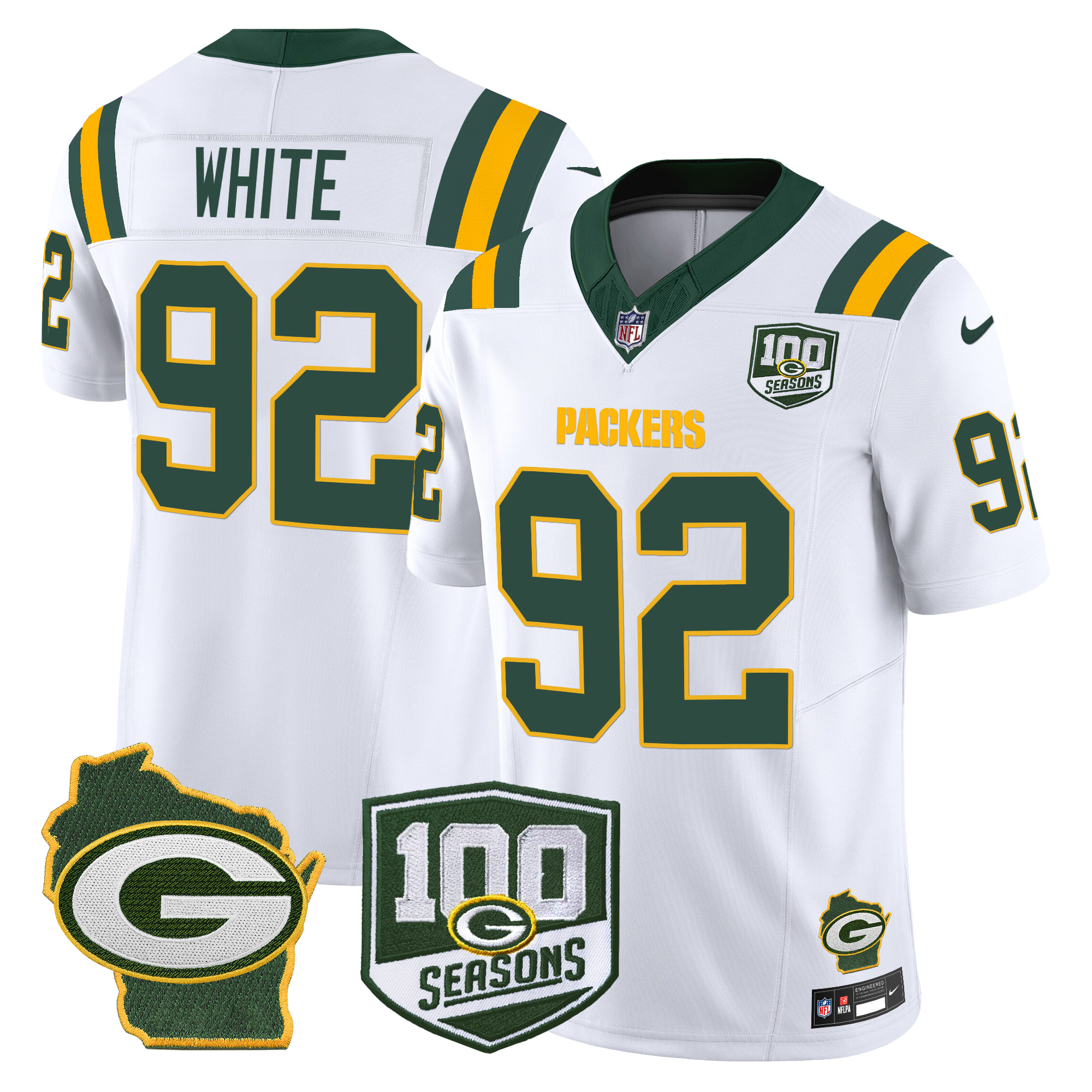 Men's Reggie White Green Bay Packers 100th Season & Home Patch Vapor Limited White Jersey - All Stitched