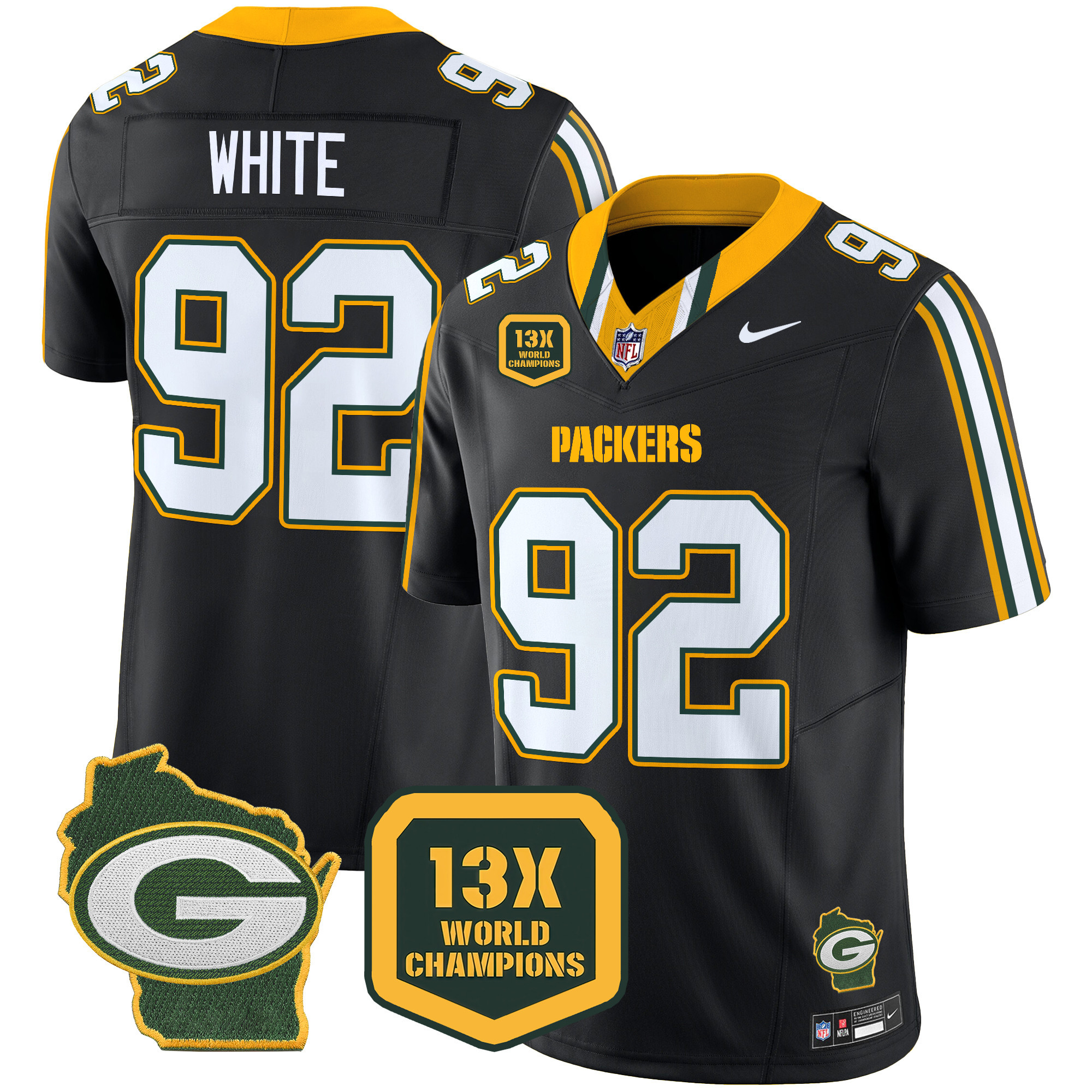 Men's Reggie White Green Bay Packers 13 Time World Champions & Home Patch Vapor Limited Black Jersey – All Stitched