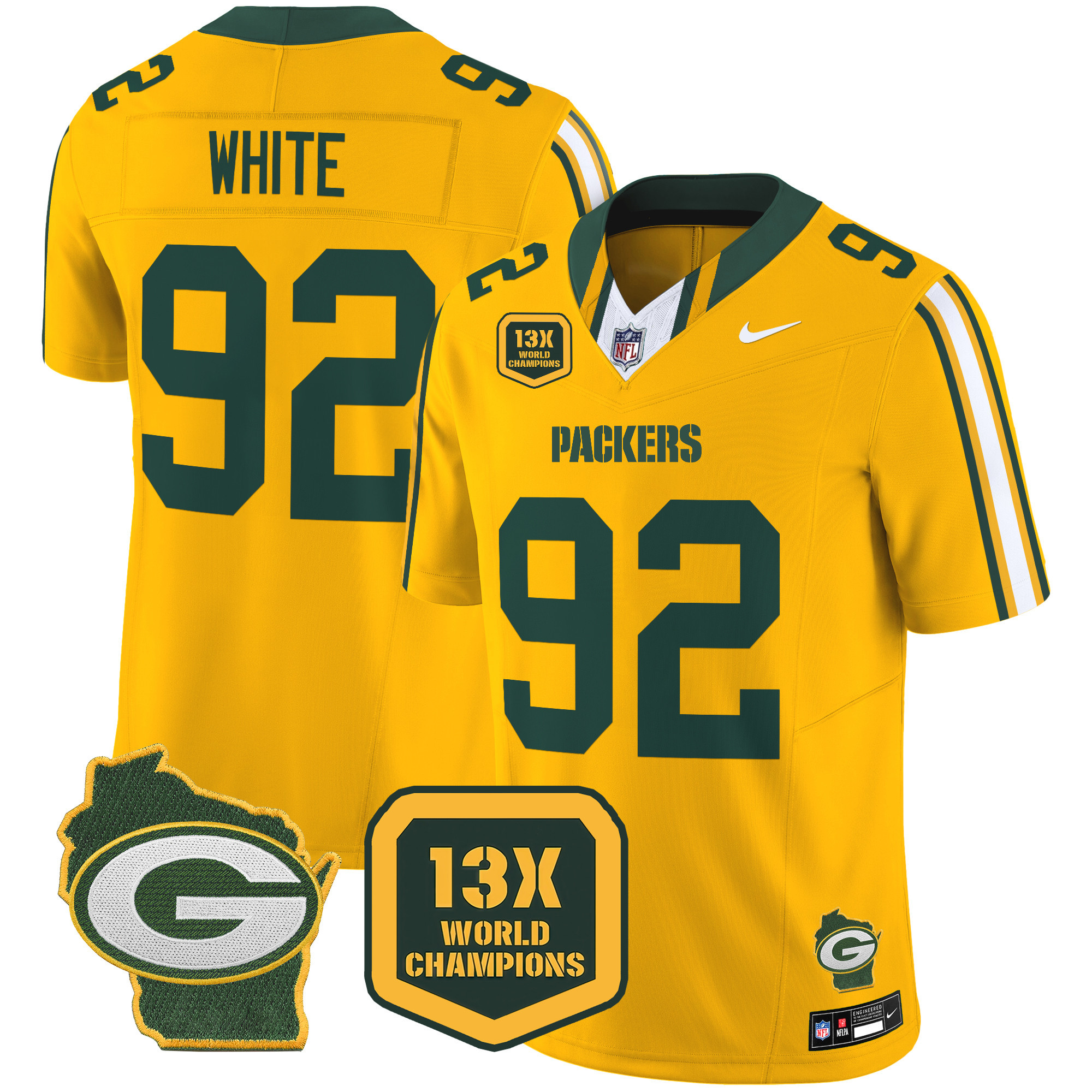 Men's Reggie White Green Bay Packers 13 Time World Champions & Home Patch Vapor Limited Gold Jersey – All Stitched