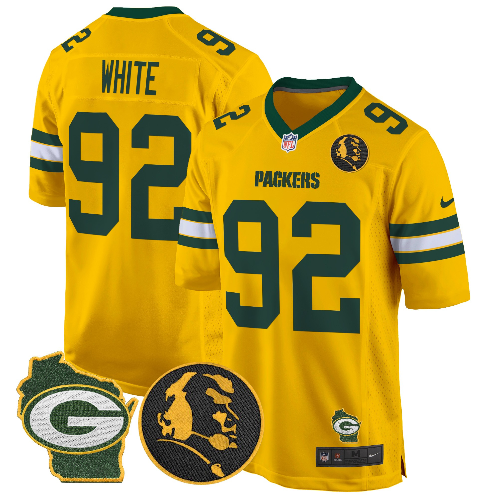 Men's Reggie White Green Bay Packers John Madden & Home Patch Game Gold Jersey - All Stitched
