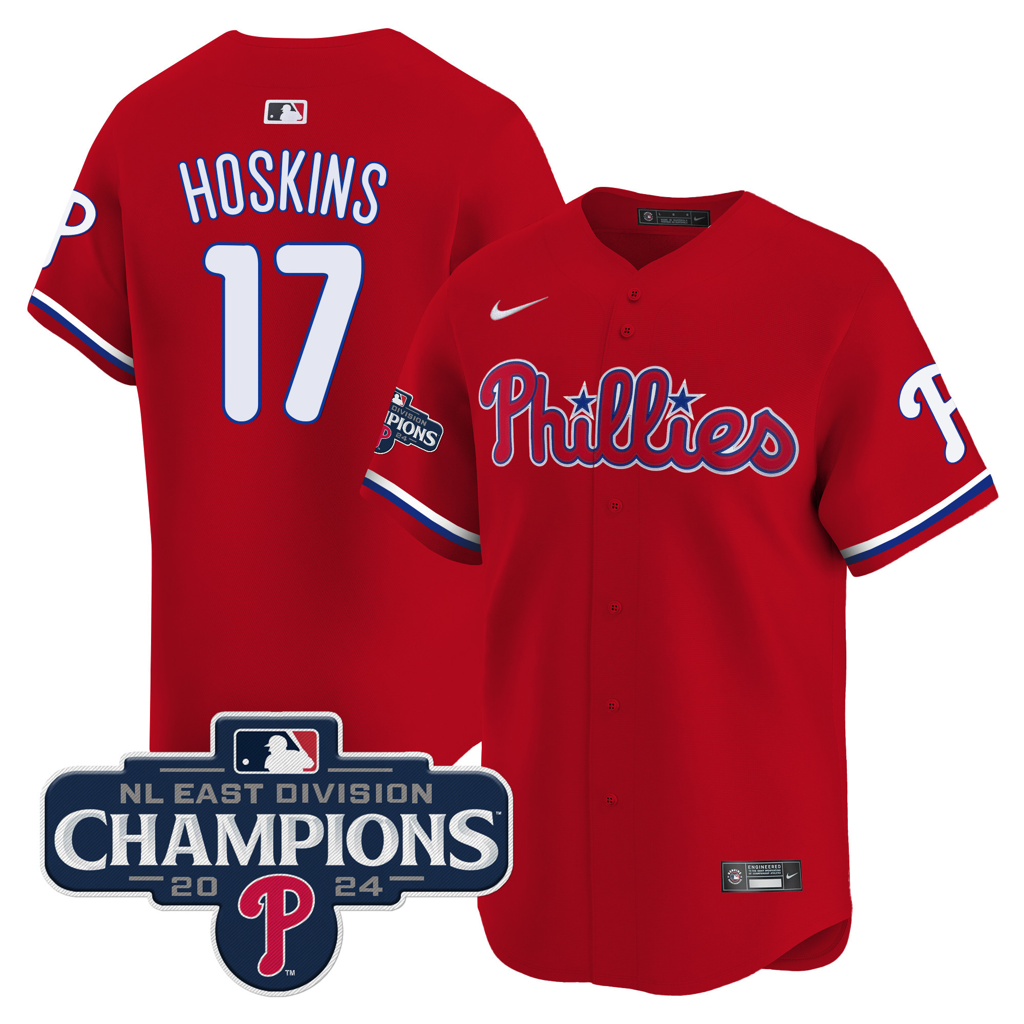 Men's Rhys Hoskins Philadelphia Phillies 2024 NL East Division Champions Gold Vapor Premier Limited Red Jersey - All Stitched