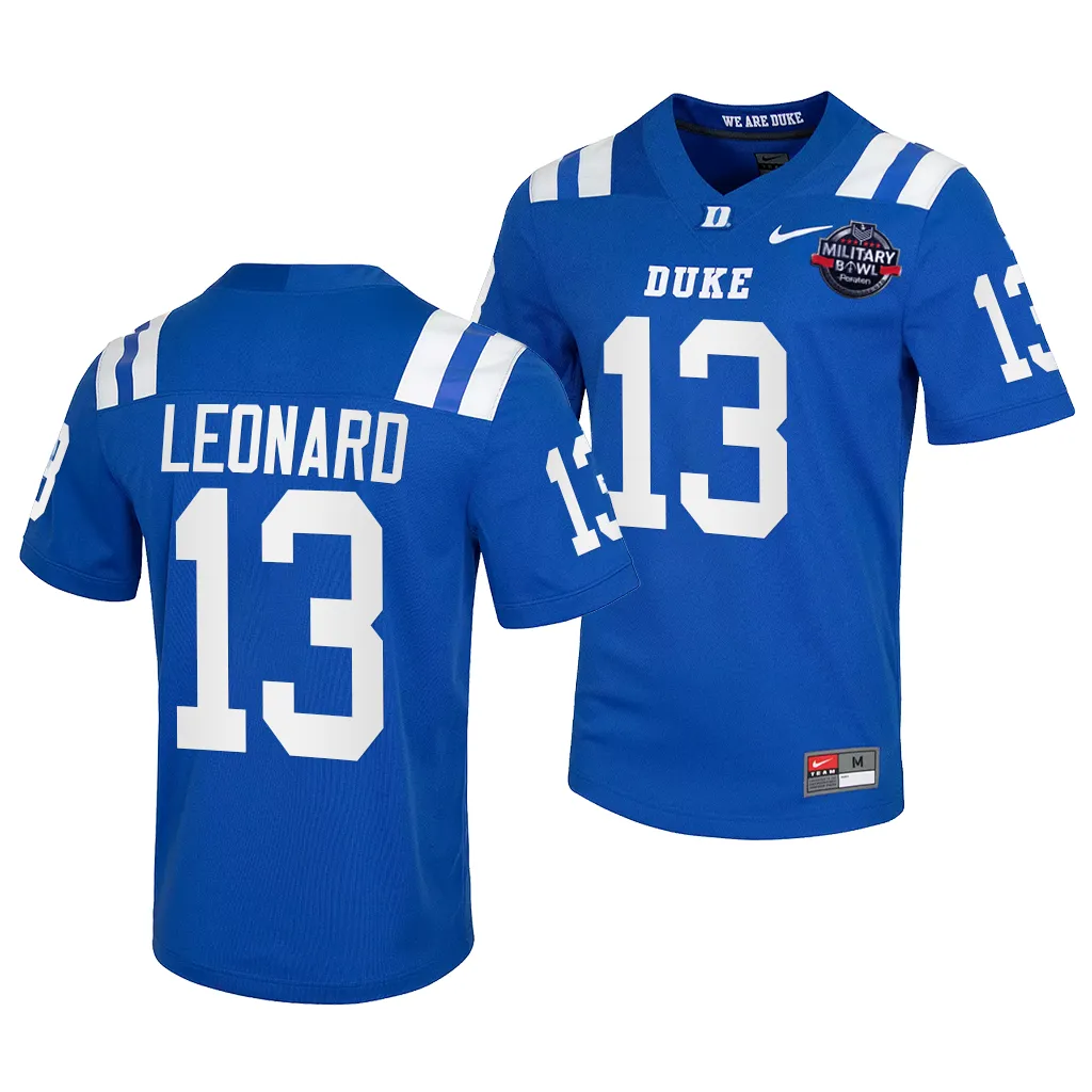 Men's Riley Leonard Duke Blue Devils 2022 Military Bowl MVP Blue #13 Jersey